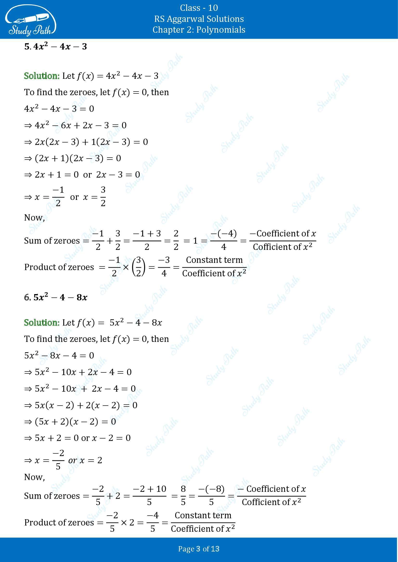 RS Aggarwal Solutions for Class 10 Chapter 2 Polynomials Exercise 2A 00003