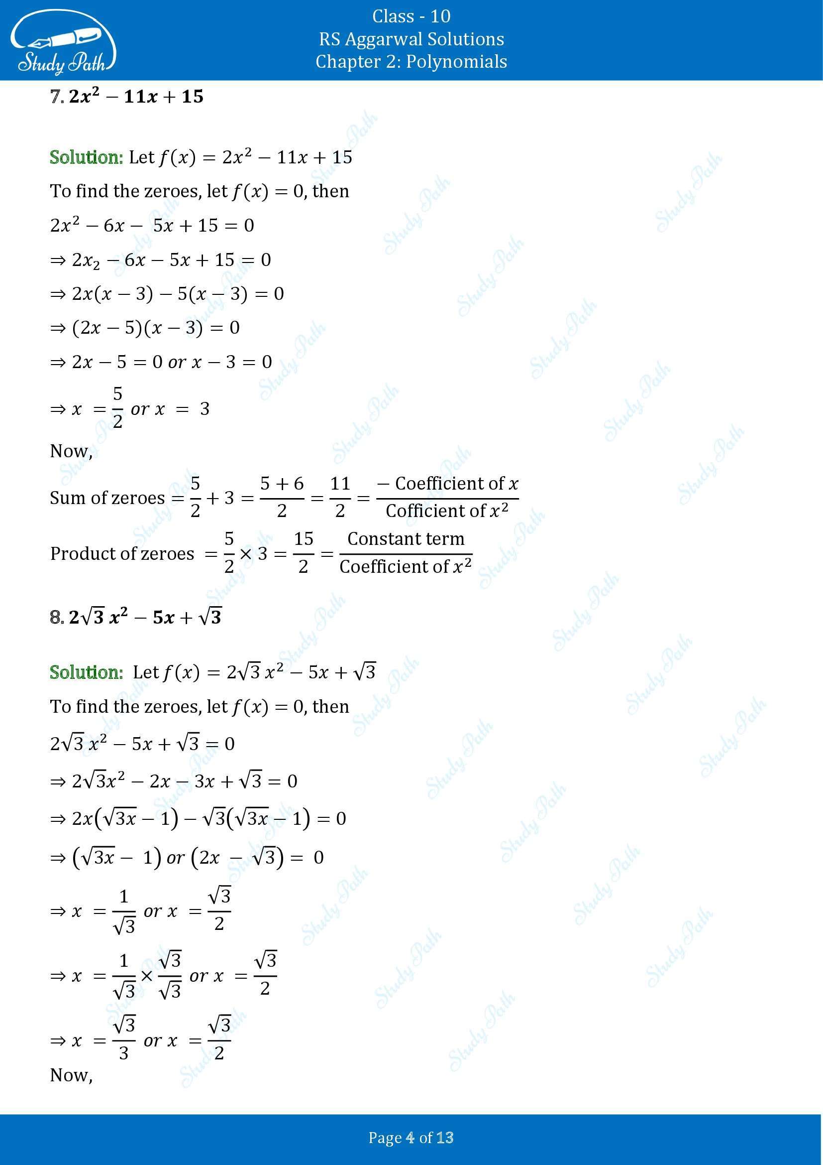 RS Aggarwal Solutions for Class 10 Chapter 2 Polynomials Exercise 2A 00004