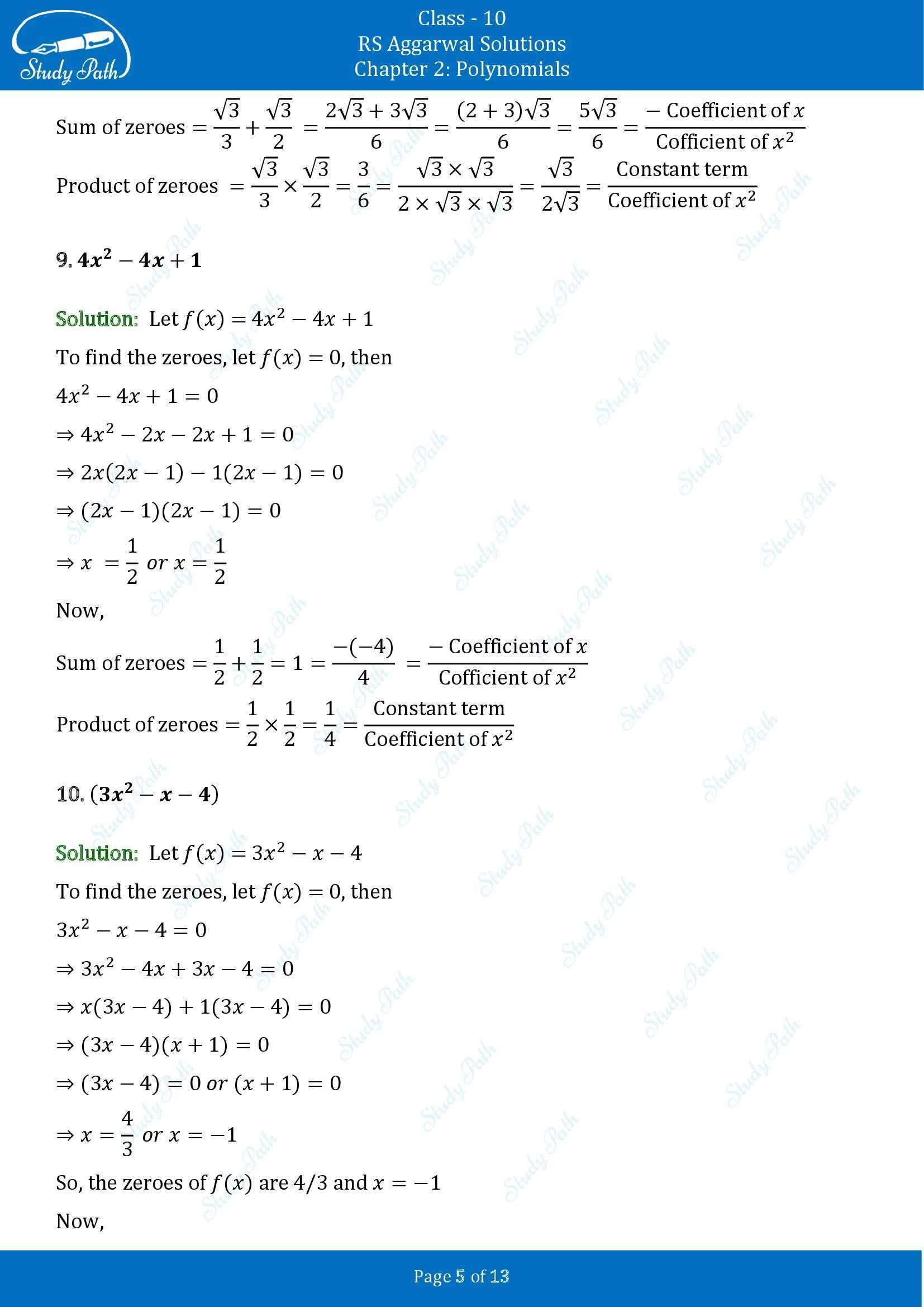 RS Aggarwal Solutions for Class 10 Chapter 2 Polynomials Exercise 2A 00005