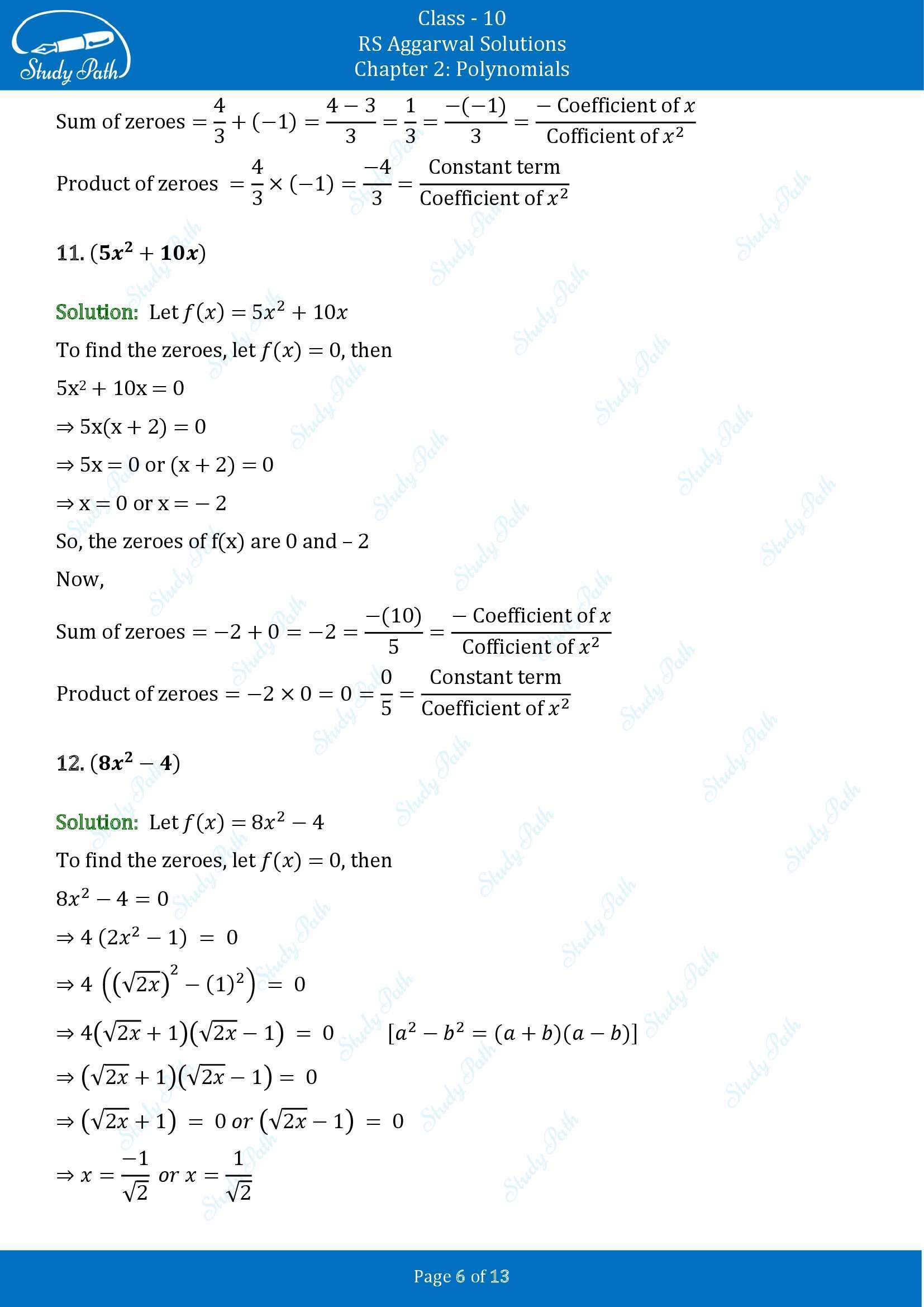 RS Aggarwal Solutions for Class 10 Chapter 2 Polynomials Exercise 2A 00006