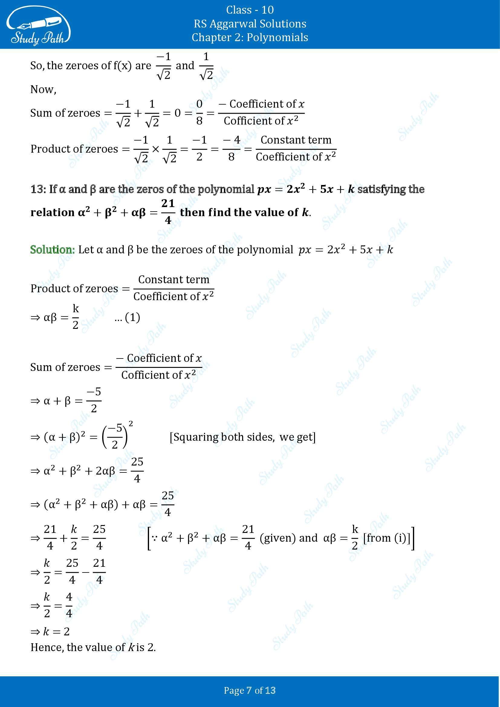 RS Aggarwal Solutions for Class 10 Chapter 2 Polynomials Exercise 2A 00007