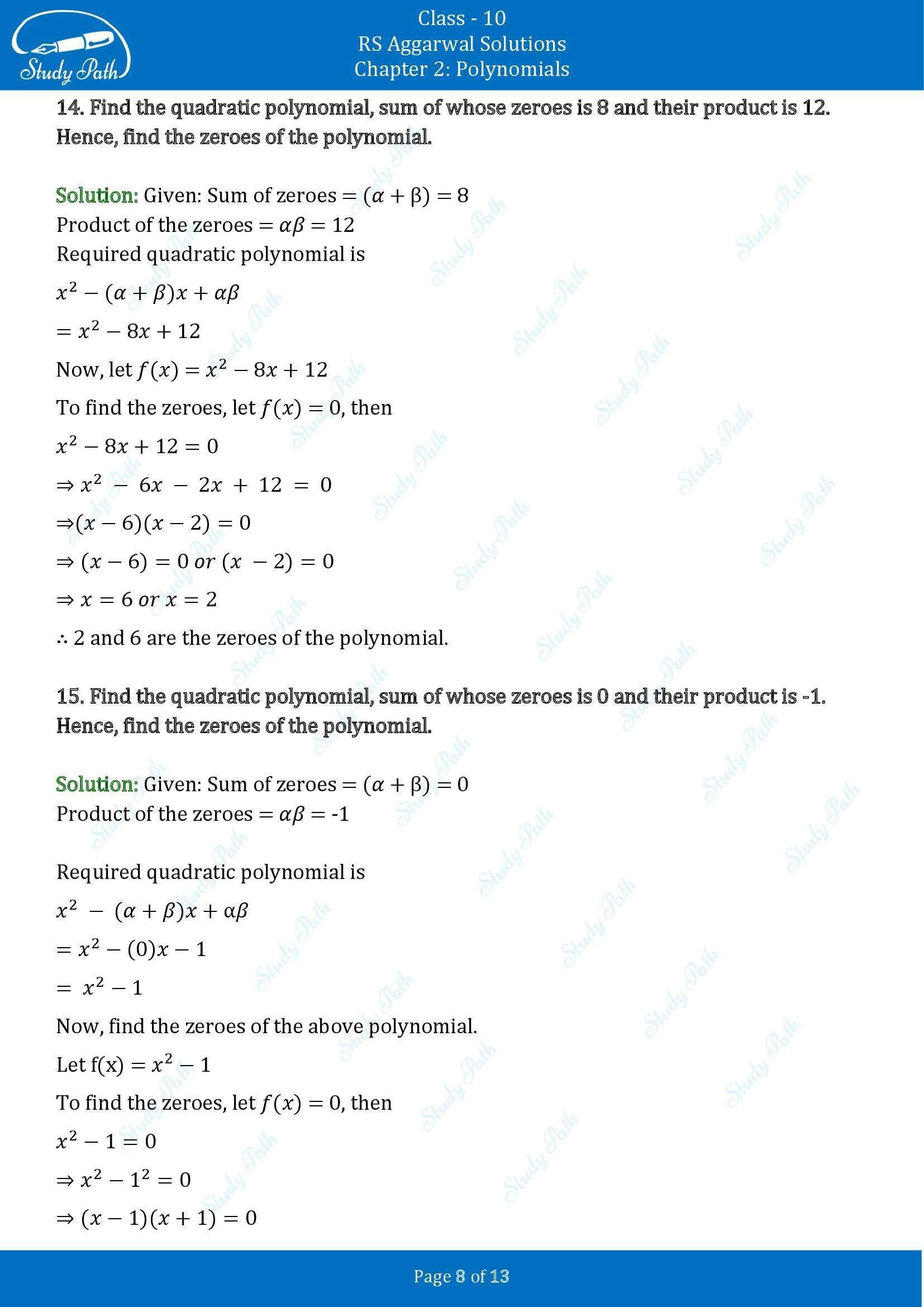 RS Aggarwal Solutions for Class 10 Chapter 2 Polynomials Exercise 2A 00008