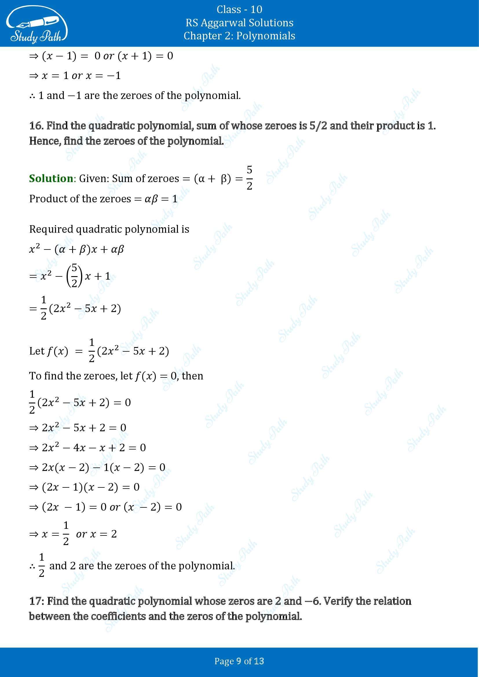 RS Aggarwal Solutions for Class 10 Chapter 2 Polynomials Exercise 2A 00009