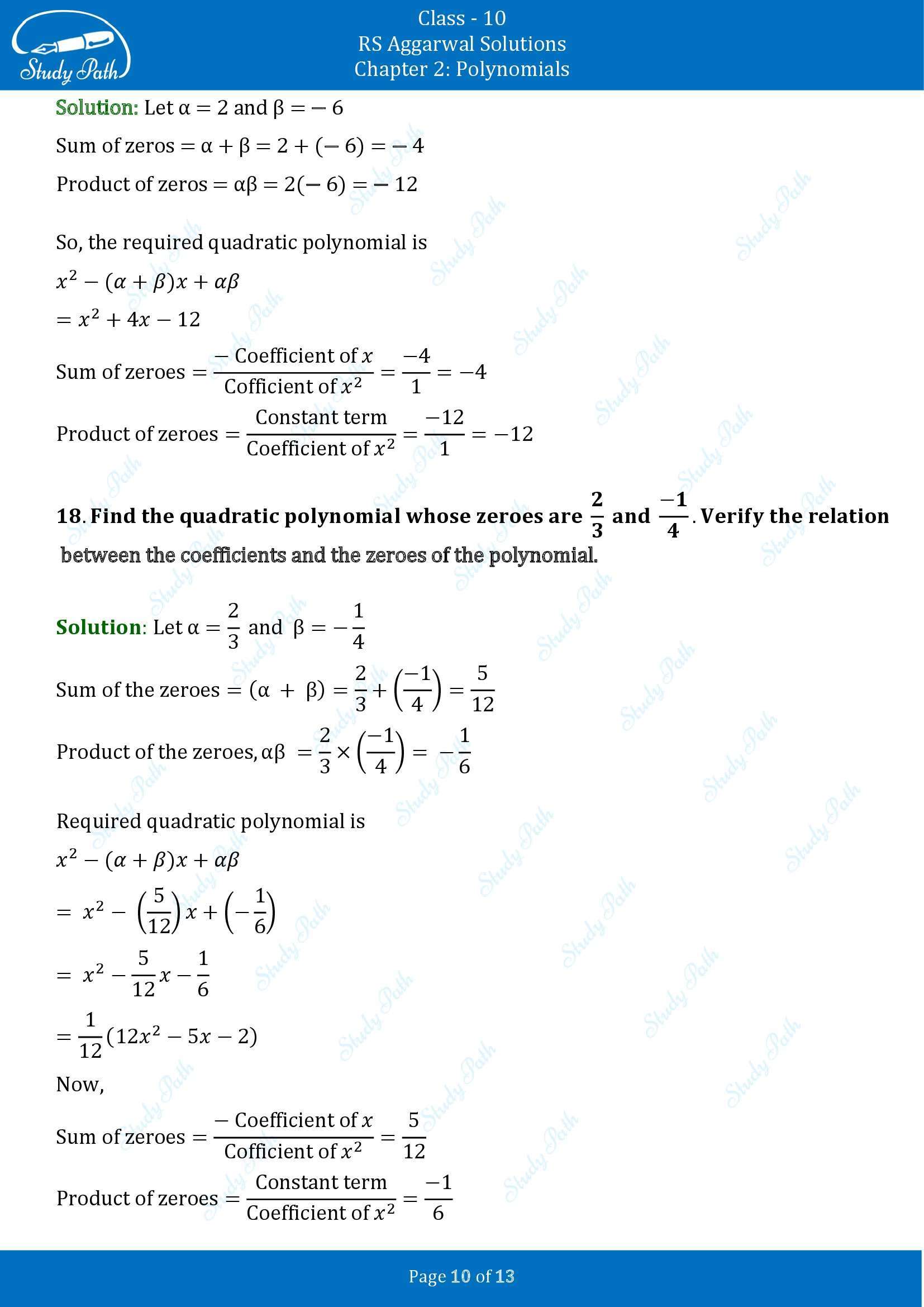 RS Aggarwal Solutions for Class 10 Chapter 2 Polynomials Exercise 2A 00010