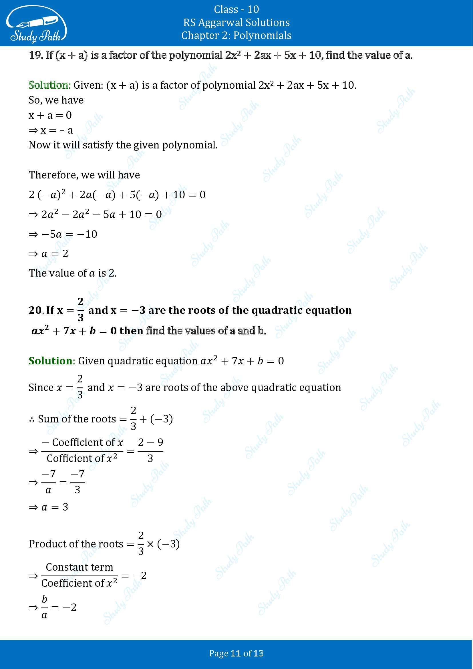RS Aggarwal Solutions for Class 10 Chapter 2 Polynomials Exercise 2A 00011