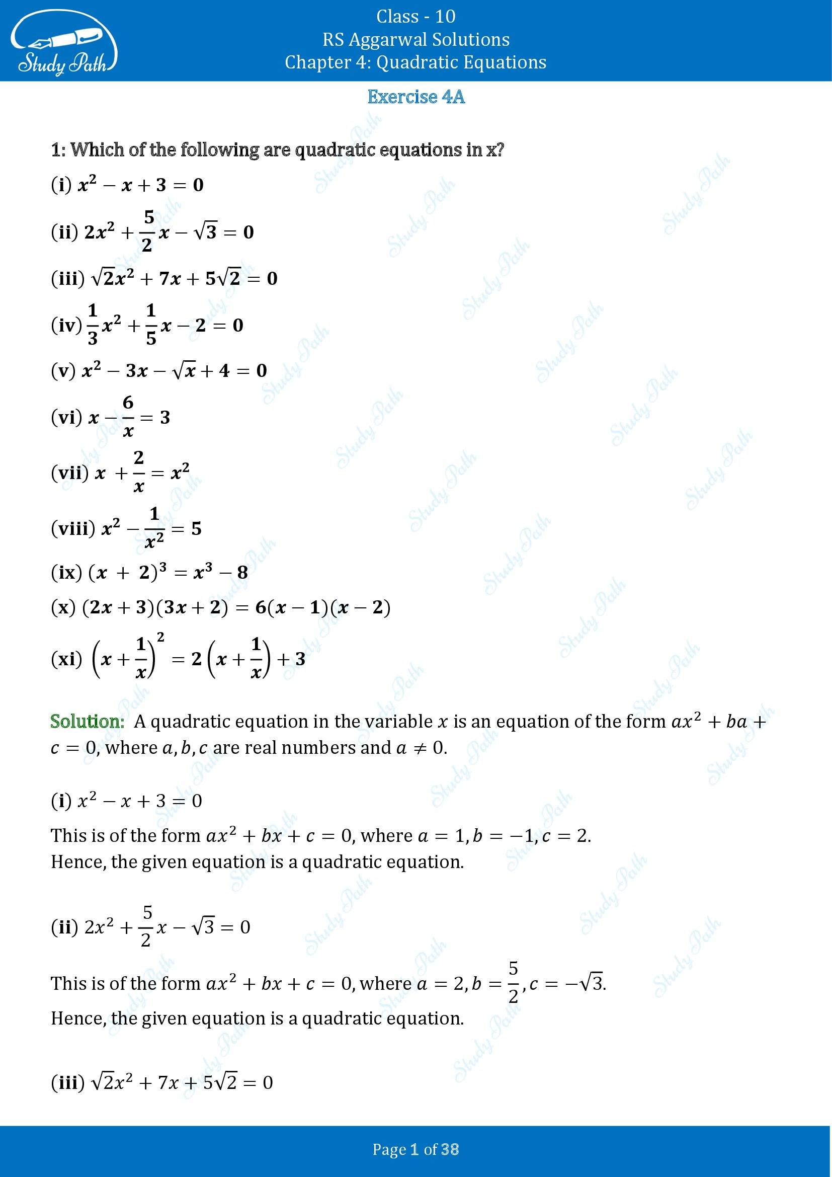 RS Aggarwal Solutions for Class 10 Chapter 4 Quadratic Equations Exercise 4A 00001