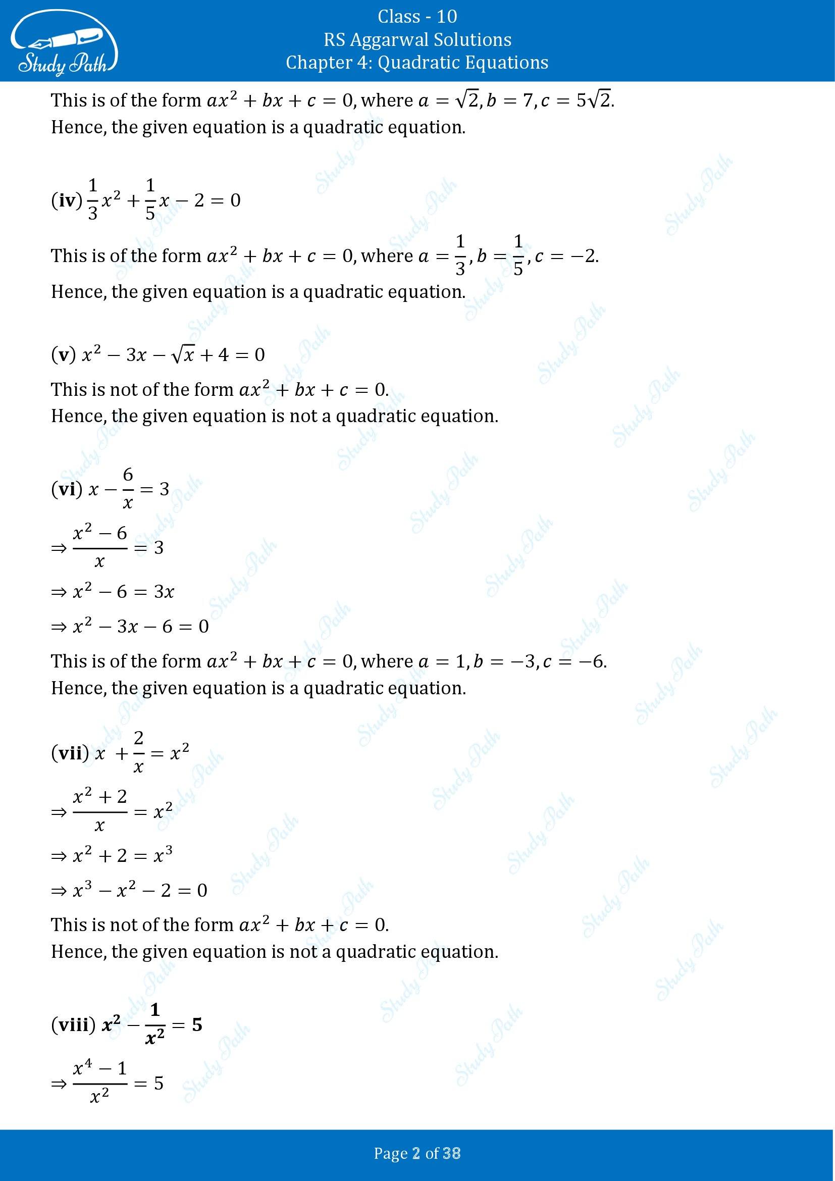 RS Aggarwal Solutions for Class 10 Chapter 4 Quadratic Equations Exercise 4A 00002