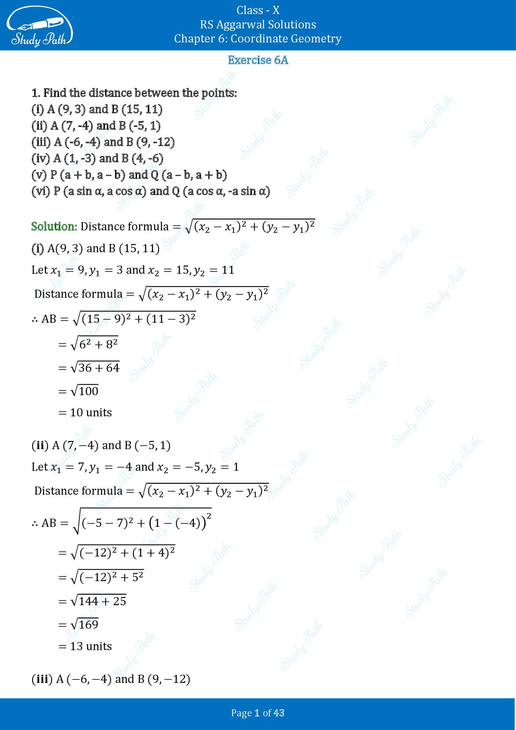 RS Aggarwal Solutions for Class 10 Chapter 6 Coordinate Geometry Exercise 6A 00001