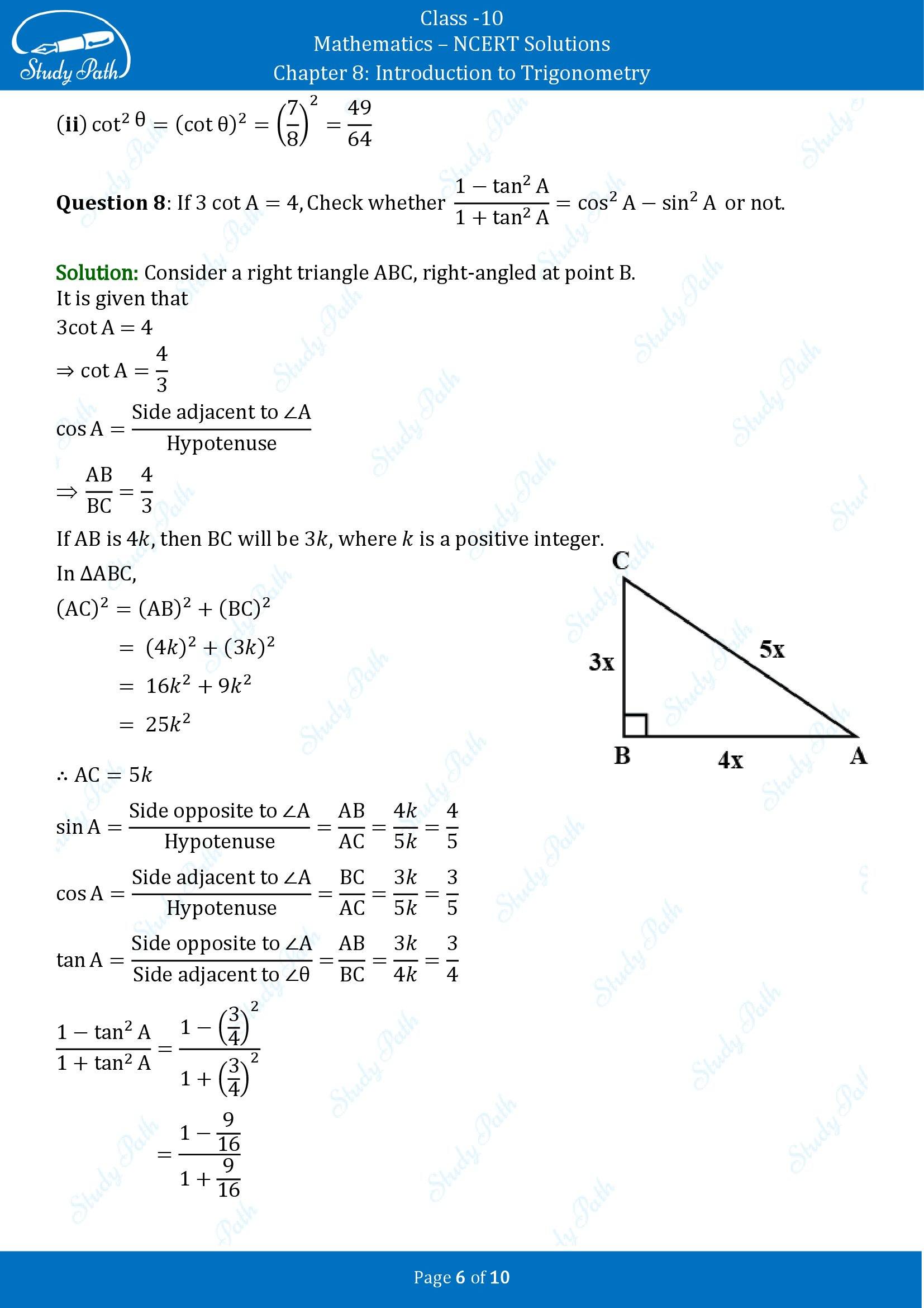 NCERT Solutions for Class 10 Maths Chapter 8 Introduction to Trigonometry Exercise 8.1 00006