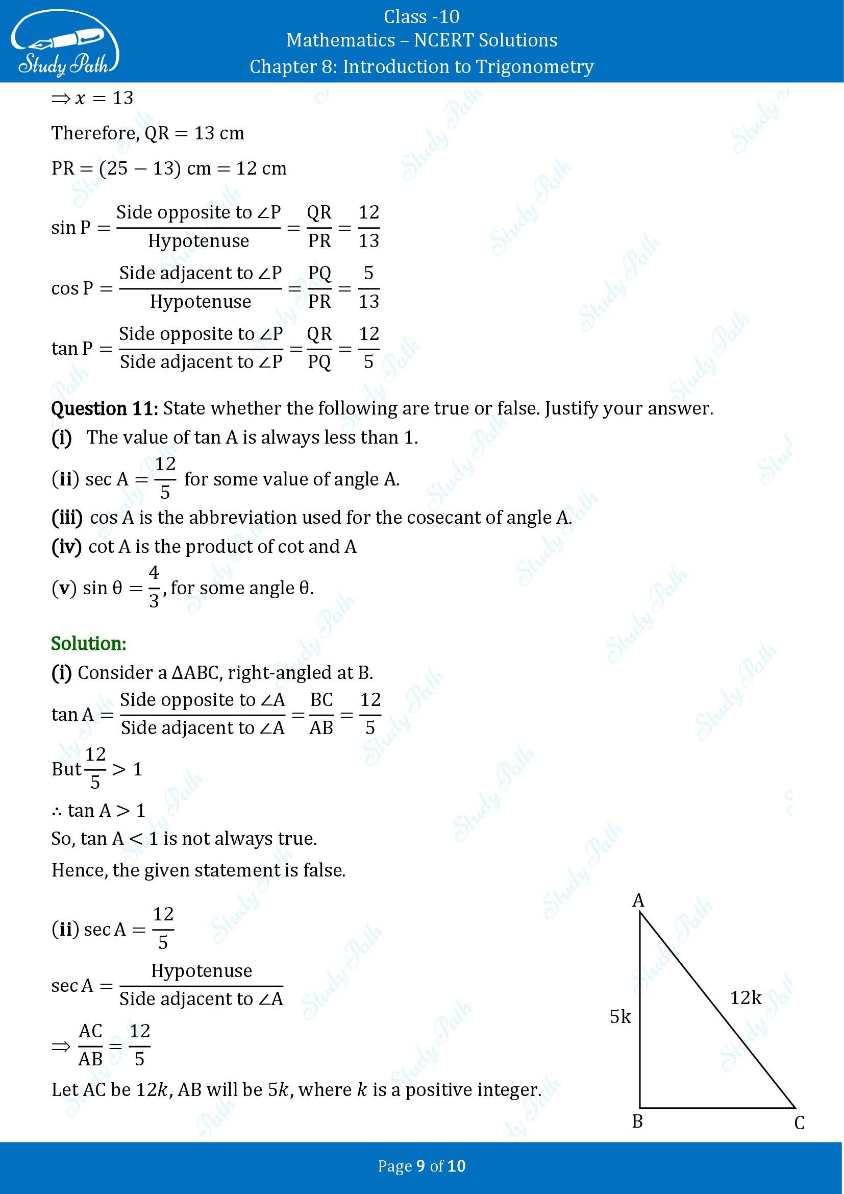 NCERT Solutions for Class 10 Maths Chapter 8 Introduction to Trigonometry Exercise 8.1 00009