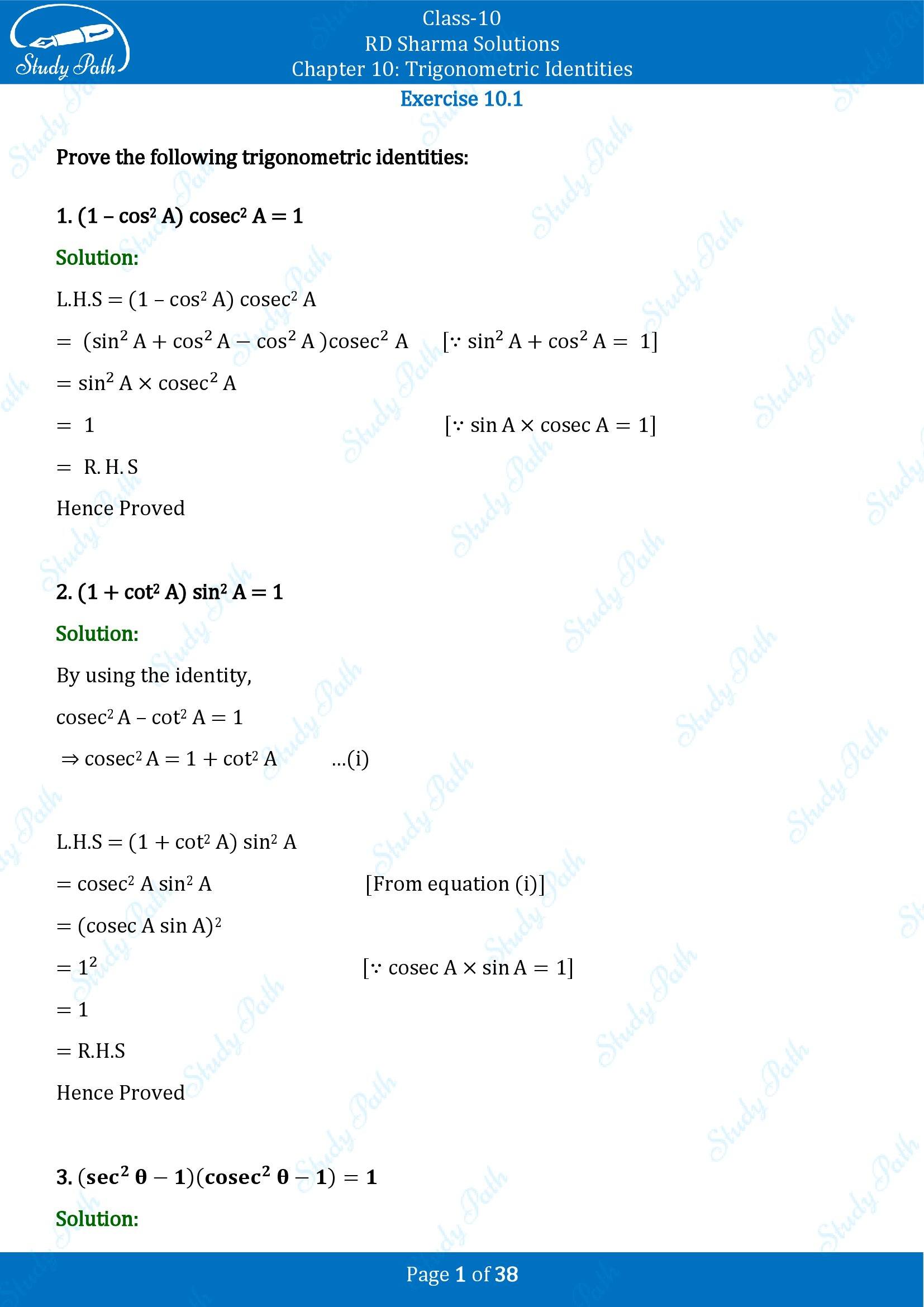 RD Sharma Solutions Class 10 Chapter 10 Trigonometric Identities Exercise 10.1 00001