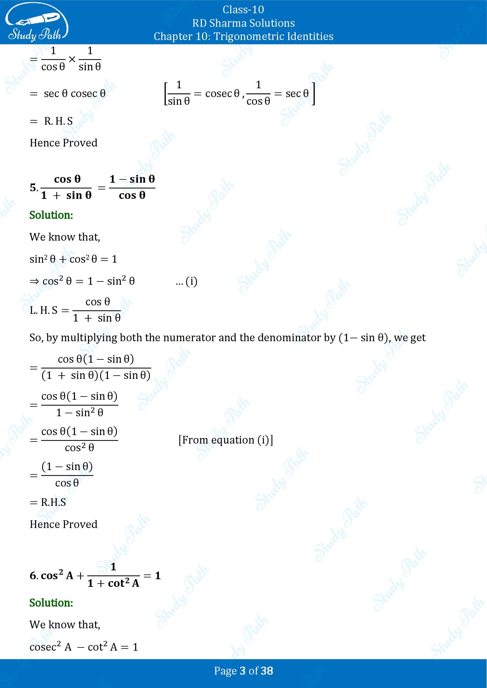 RD Sharma Solutions Class 10 Chapter 10 Trigonometric Identities Exercise 10.1 00003