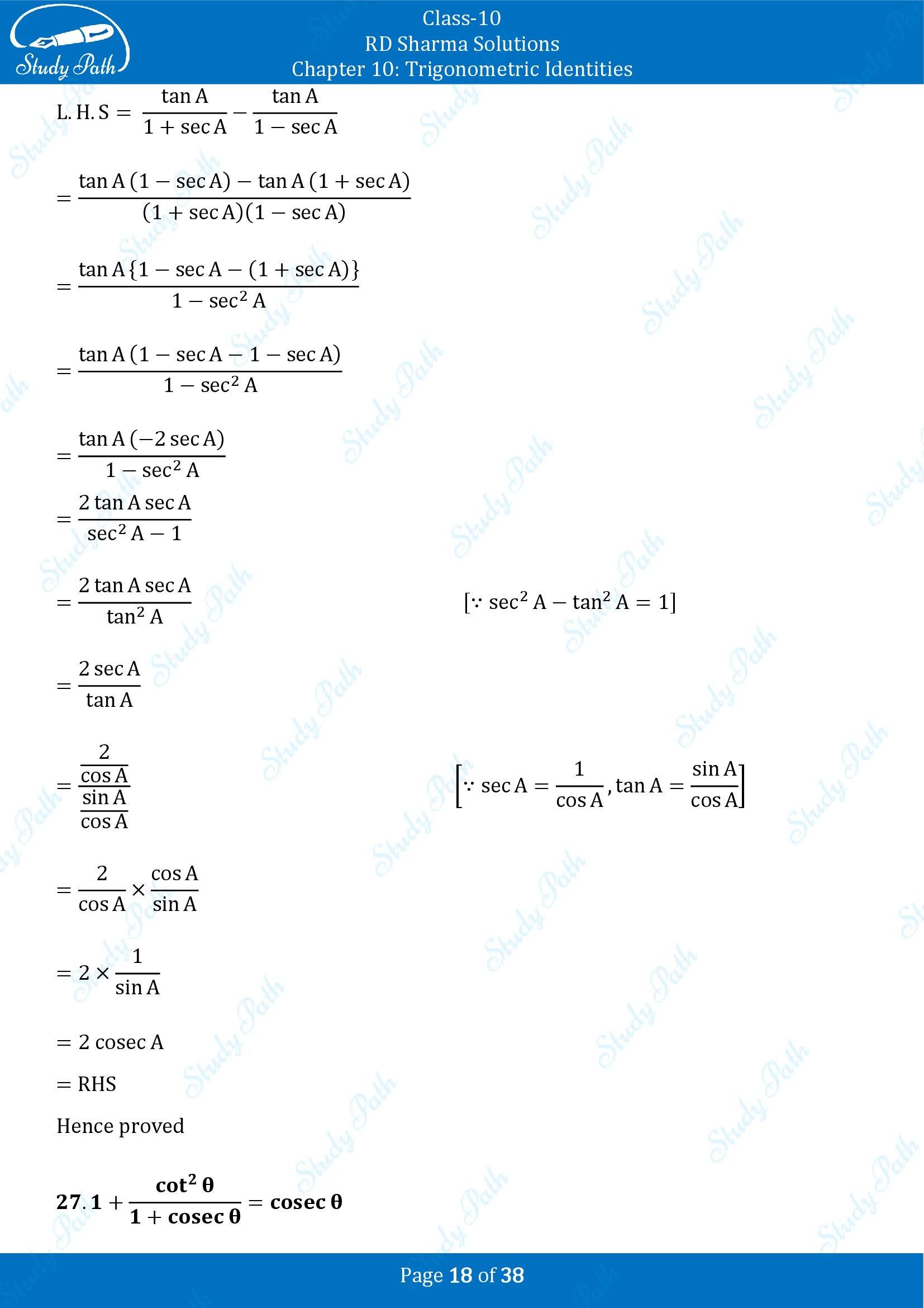 RD Sharma Solutions Class 10 Chapter 10 Trigonometric Identities Exercise 10.1 00018