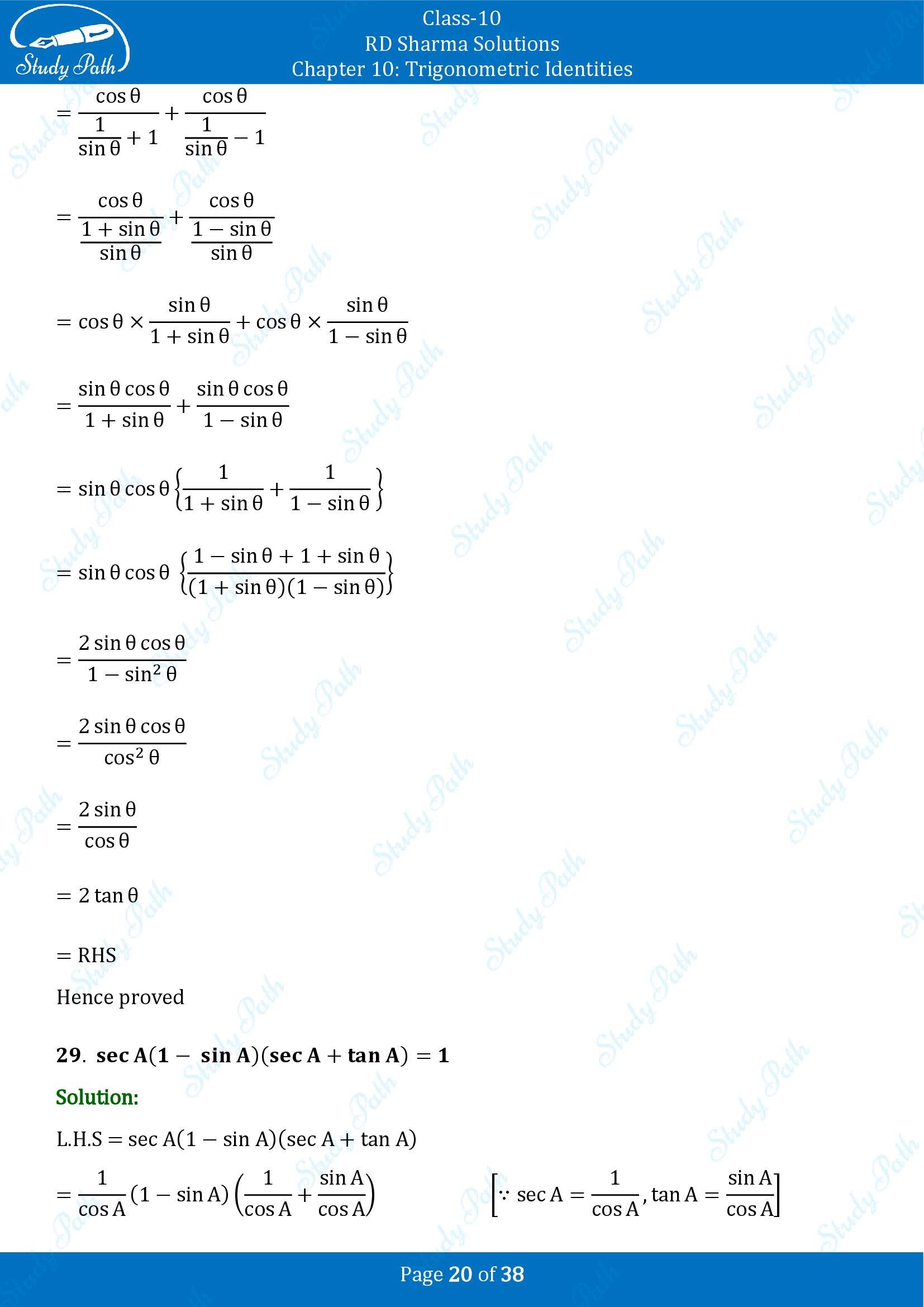 RD Sharma Solutions Class 10 Chapter 10 Trigonometric Identities Exercise 10.1 00020