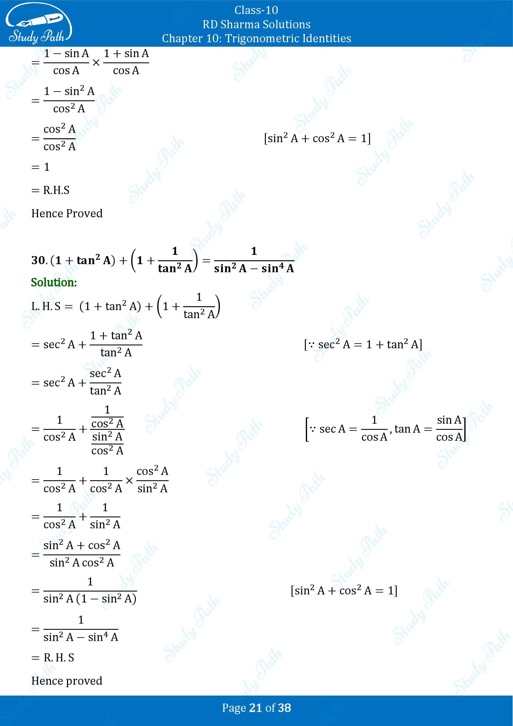 RD Sharma Solutions Class 10 Chapter 10 Trigonometric Identities Exercise 10.1 00021