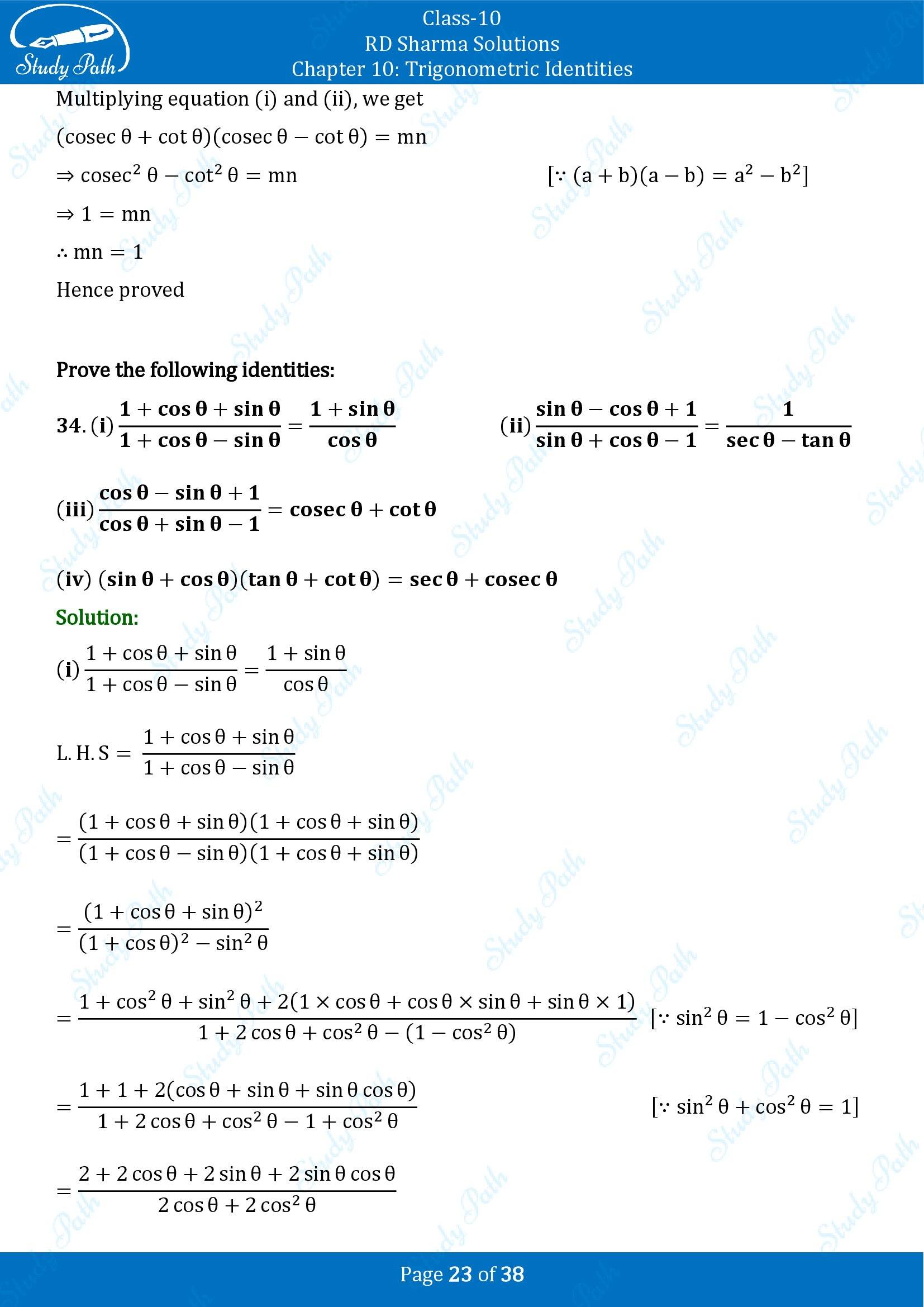 RD Sharma Solutions Class 10 Chapter 10 Trigonometric Identities Exercise 10.1 00023