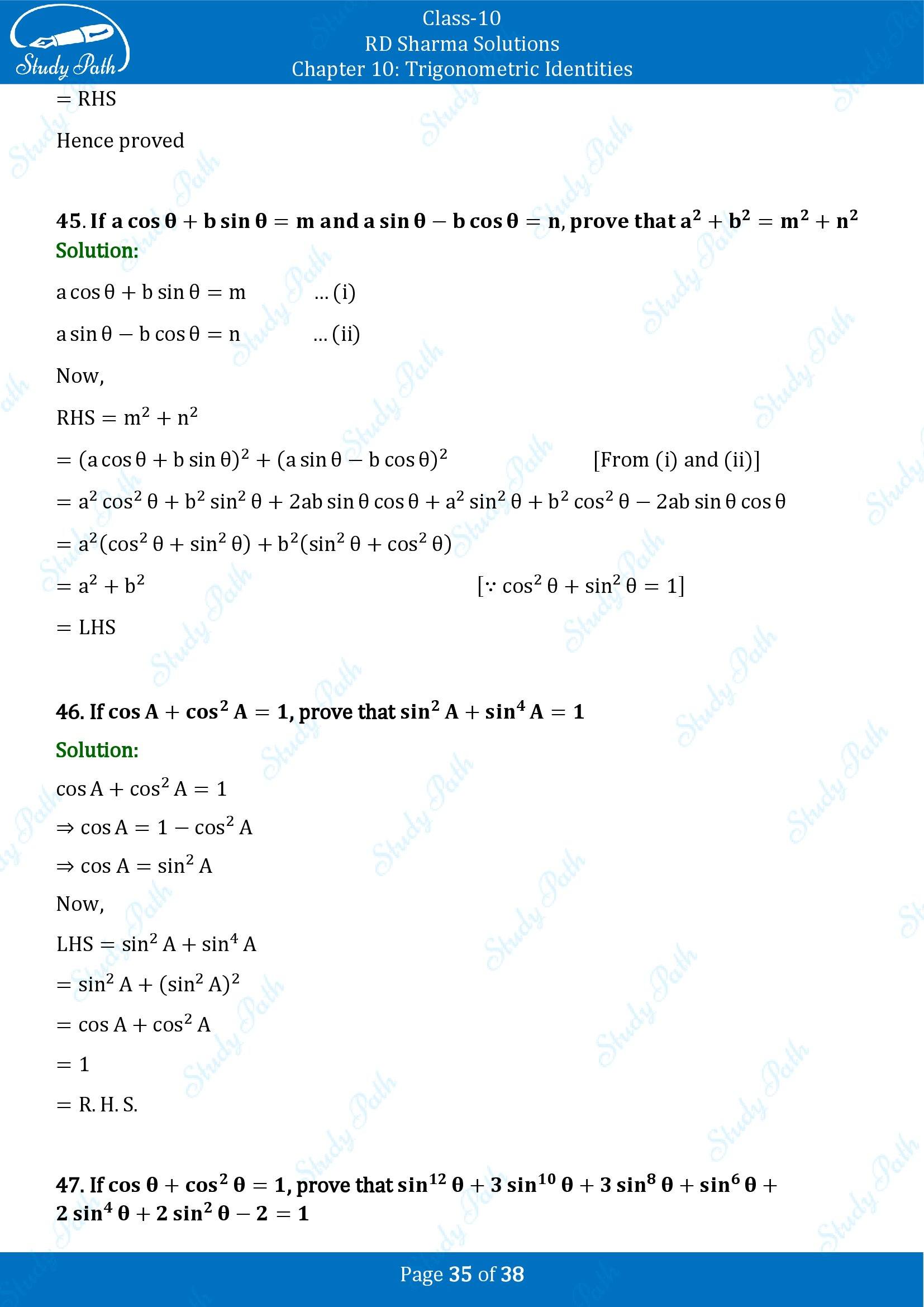 RD Sharma Solutions Class 10 Chapter 10 Trigonometric Identities Exercise 10.1 00035
