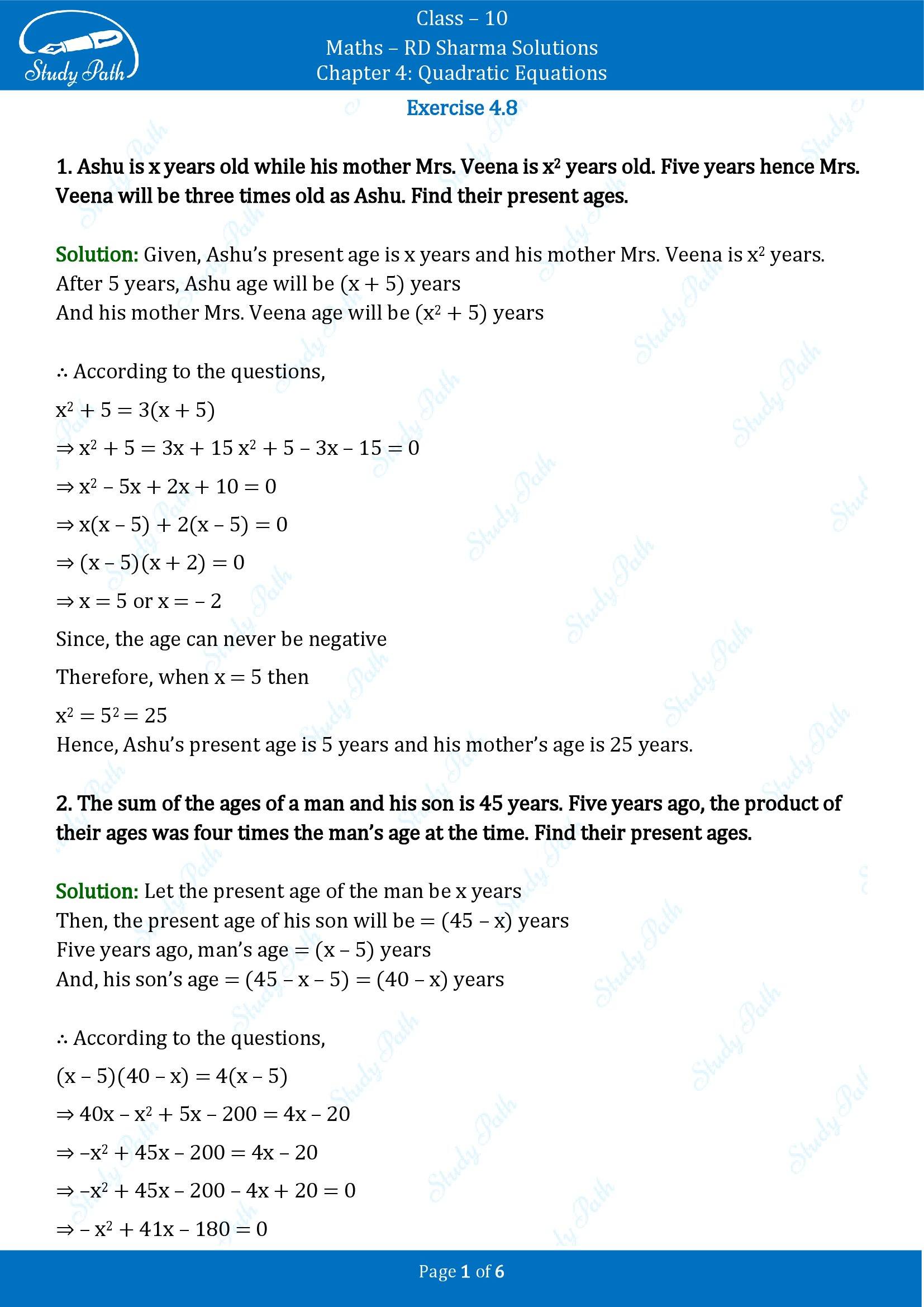 RD Sharma Solutions Class 10 Chapter 4 Quadratic Equations Exercise 4.8 00001