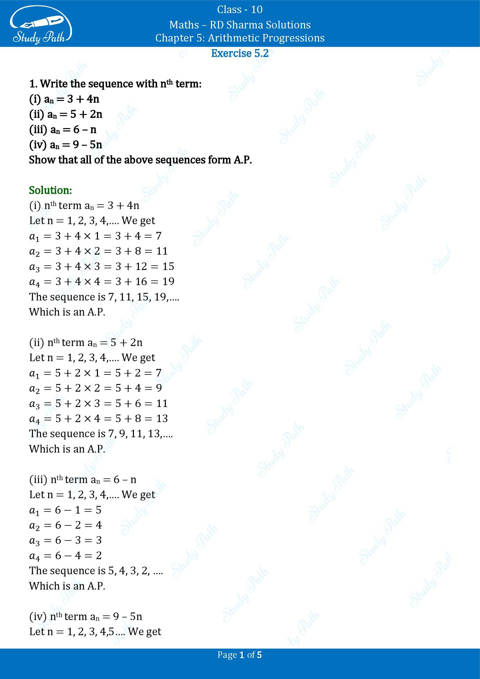 RD Sharma Solutions Class 10 Chapter 5 Arithmetic Progressions Exercise 5.2 00001