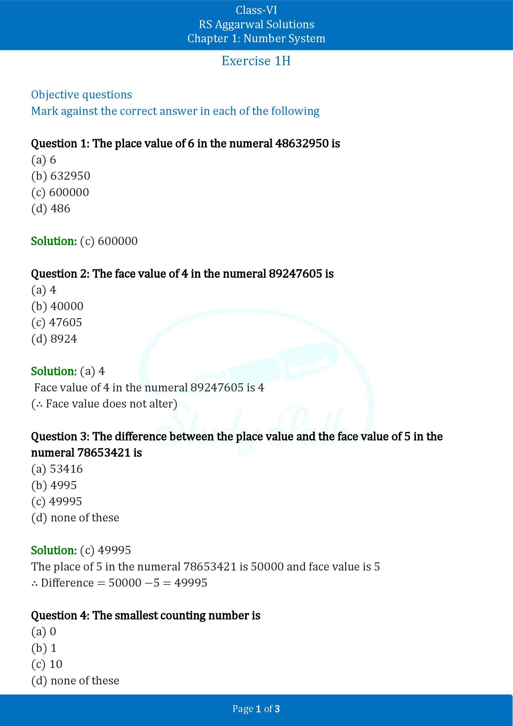 RS Aggarwal Solutions Class 6 Chapter 1 Number System Exercise 1H MCQ 00001