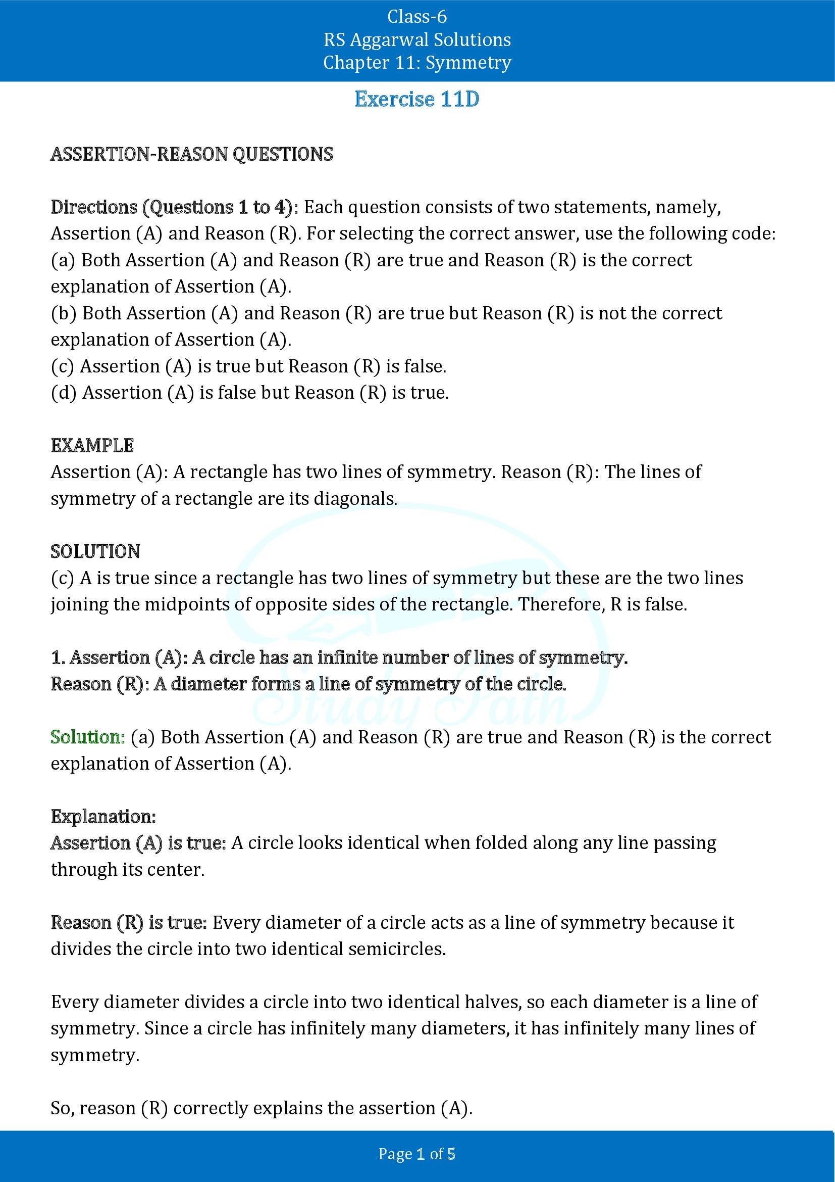 RS Aggarwal Solutions Class 6 Chapter 11 Symmetry Exercise 11D 00001