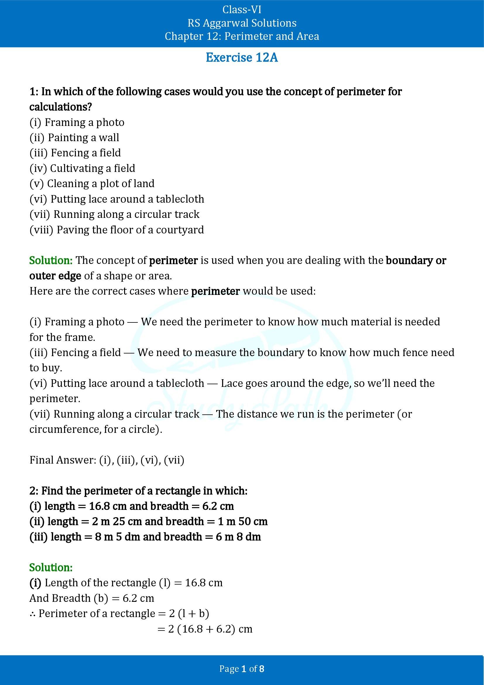 RS Aggarwal Solutions Class 6 Chapter 12 Perimeter and Area Exercise 12A 00001