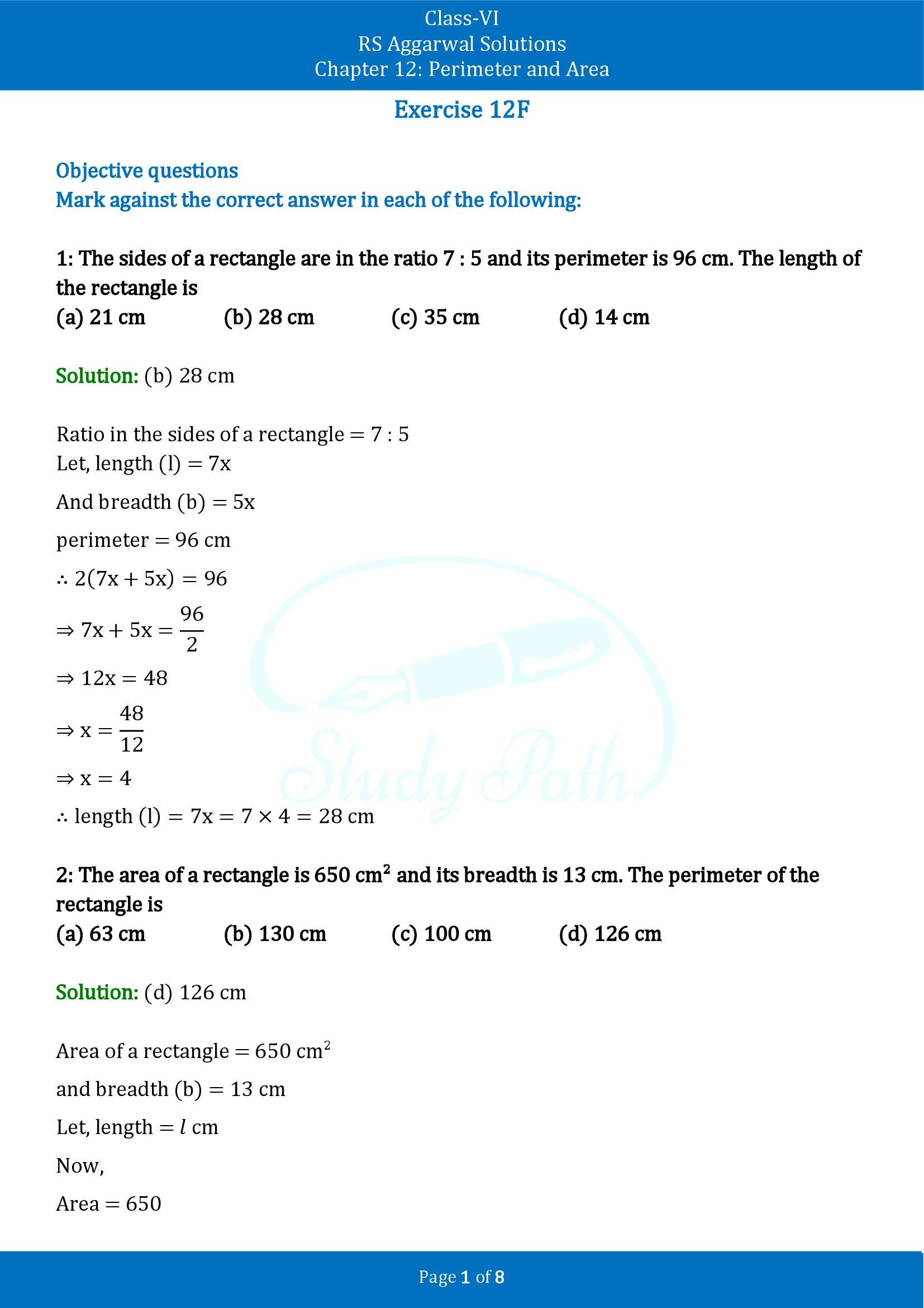 RS Aggarwal Solutions Class 6 Chapter 12 Perimeter and Area Exercise 12F MCQ 00001