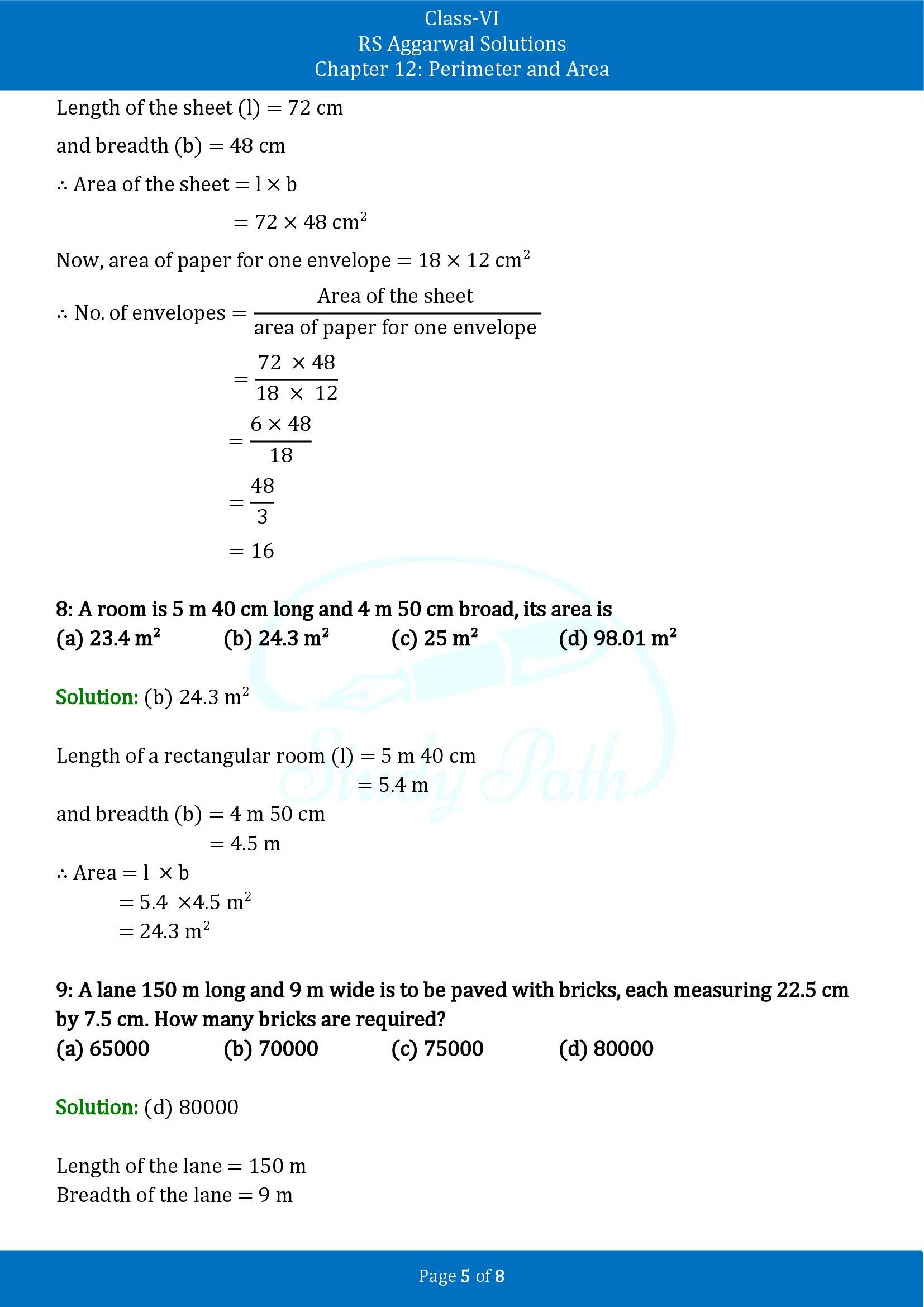 RS Aggarwal Solutions Class 6 Chapter 12 Perimeter and Area Exercise 12F MCQ 00005