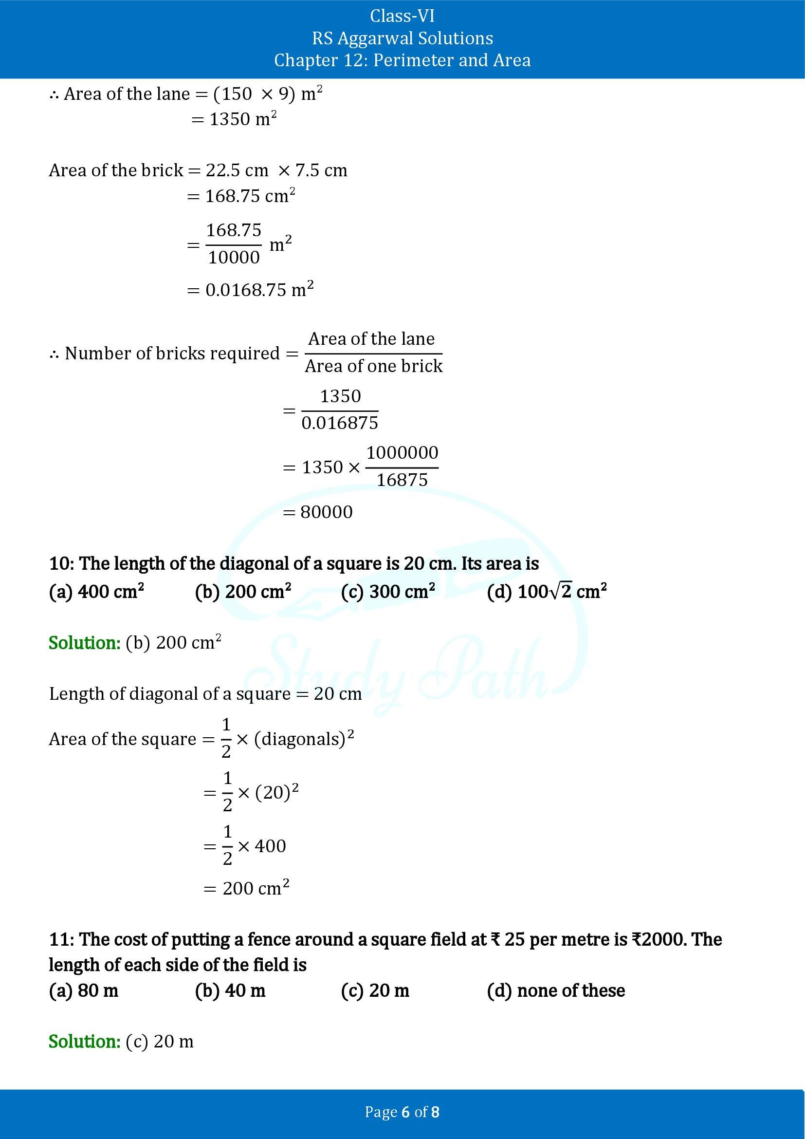 RS Aggarwal Solutions Class 6 Chapter 12 Perimeter and Area Exercise 12F MCQ 00006