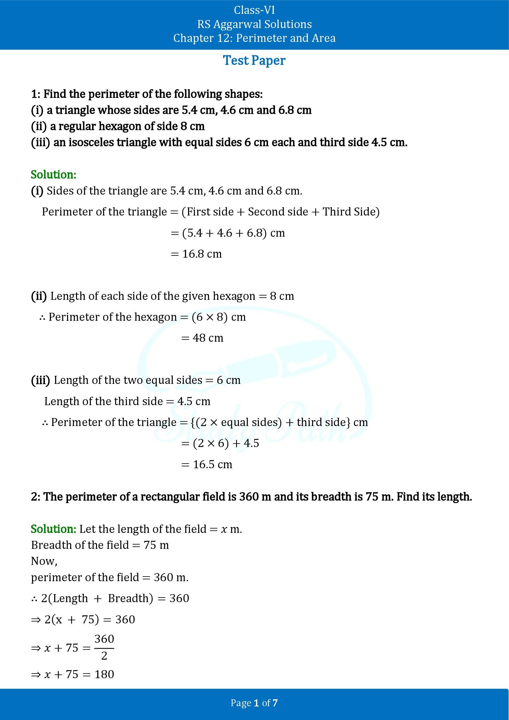 RS Aggarwal Solutions Class 6 Chapter 12 Perimeter and Area Test Paper 00001