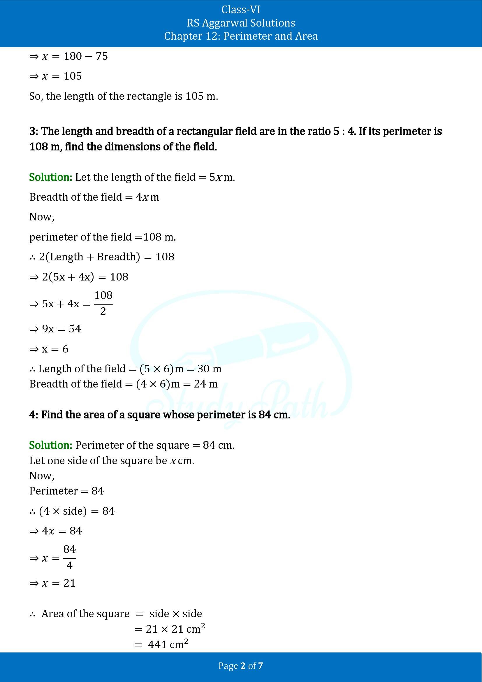 RS Aggarwal Solutions Class 6 Chapter 12 Perimeter and Area Test Paper 00002