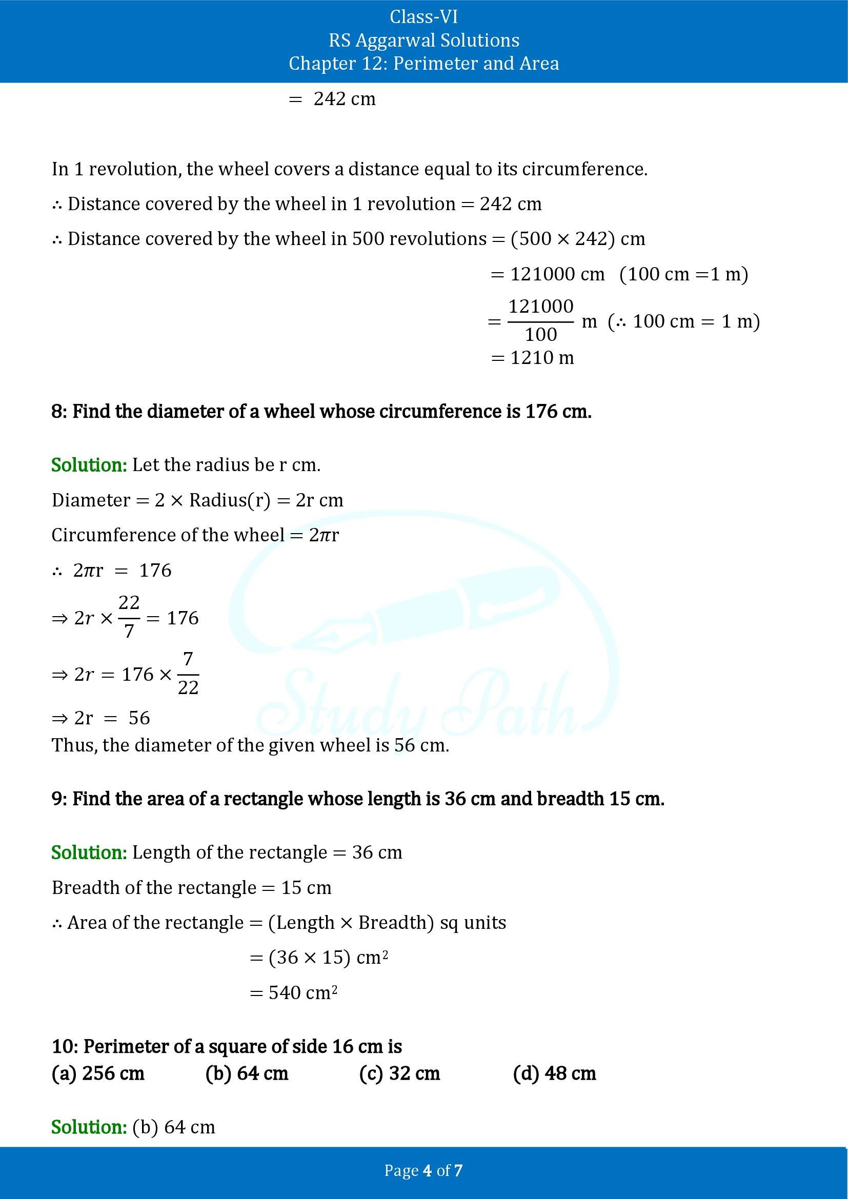 RS Aggarwal Solutions Class 6 Chapter 12 Perimeter and Area Test Paper 00004