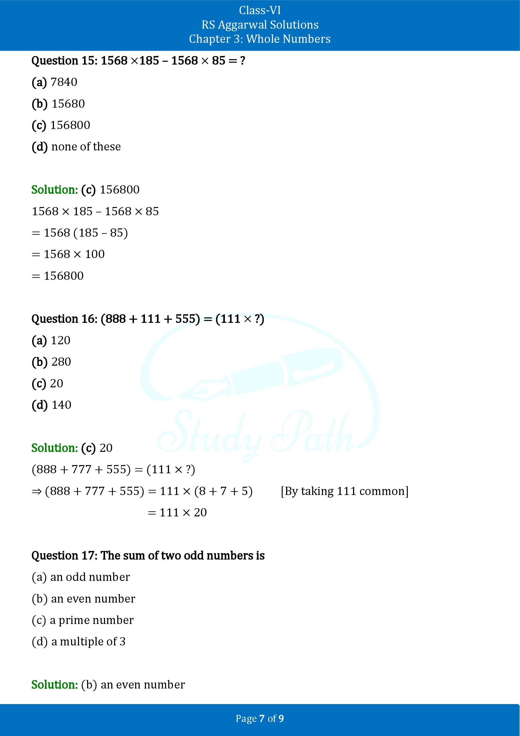 RS Aggarwal Solutions Class 6 Chapter 3 Whole Numbers Exercise 3G MCQ 00007
