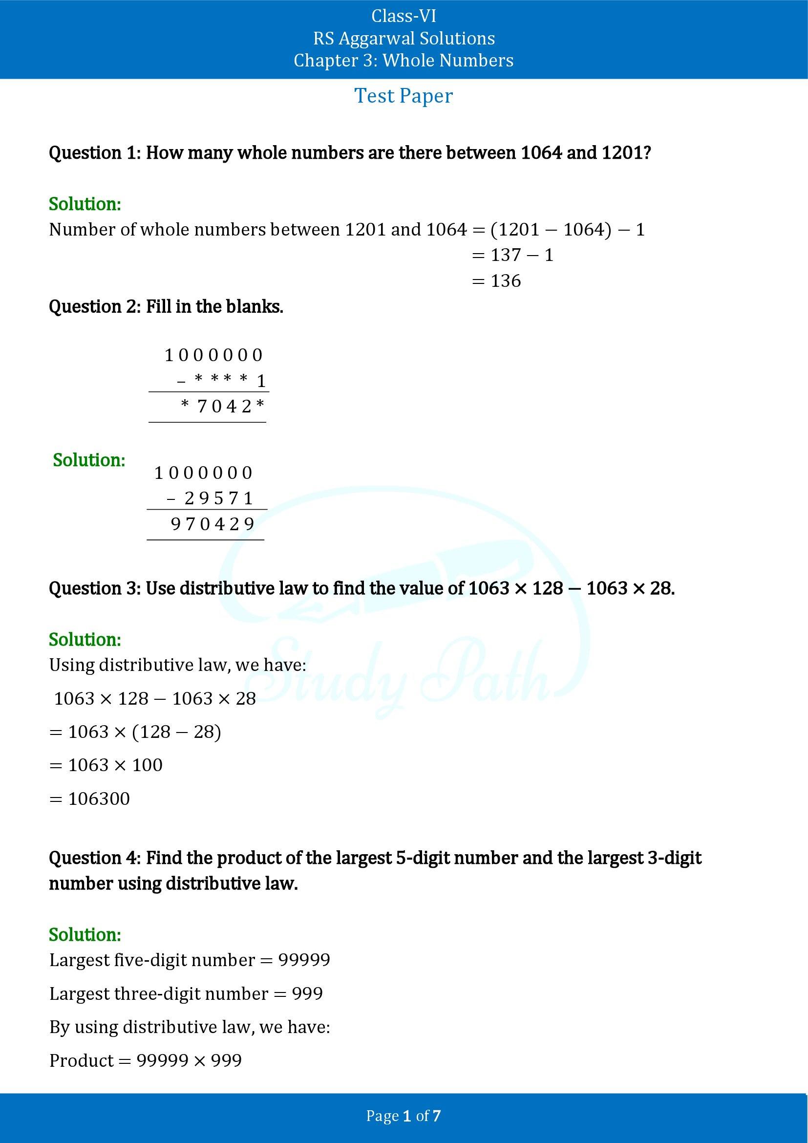 RS Aggarwal Solutions Class 6 Chapter 3 Whole Numbers Test Paper 00001