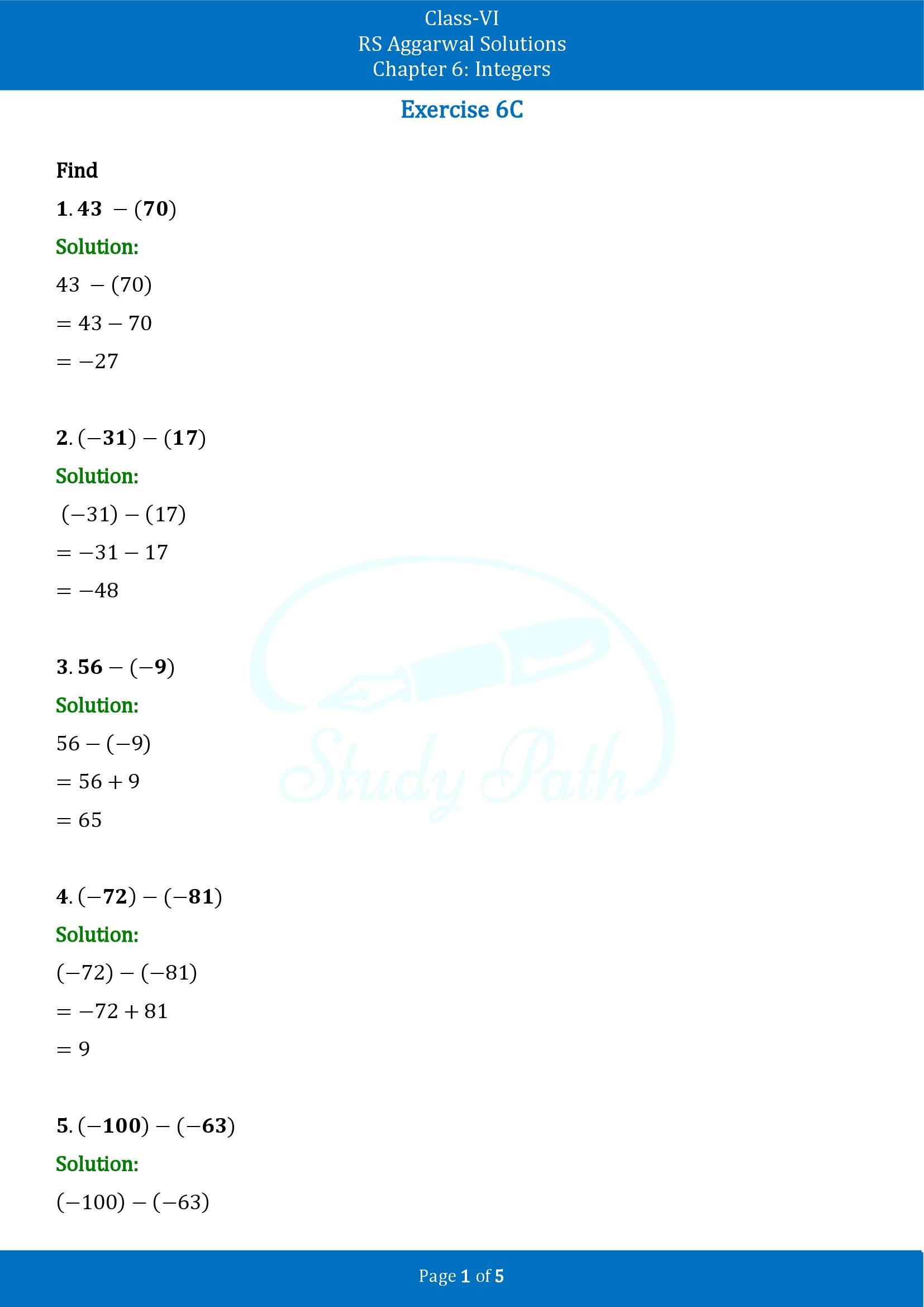RS Aggarwal Solutions Class 6 Chapter 6 Integers Exercise 6C 00001