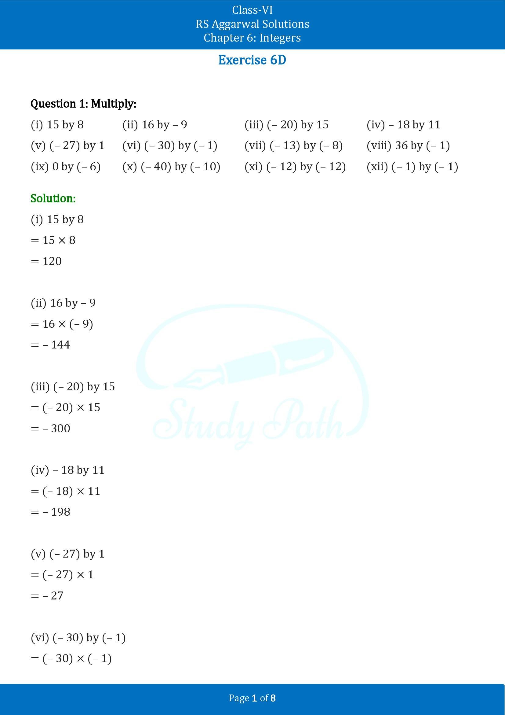 RS Aggarwal Solutions Class 6 Chapter 6 Integers Exercise 6D 00001