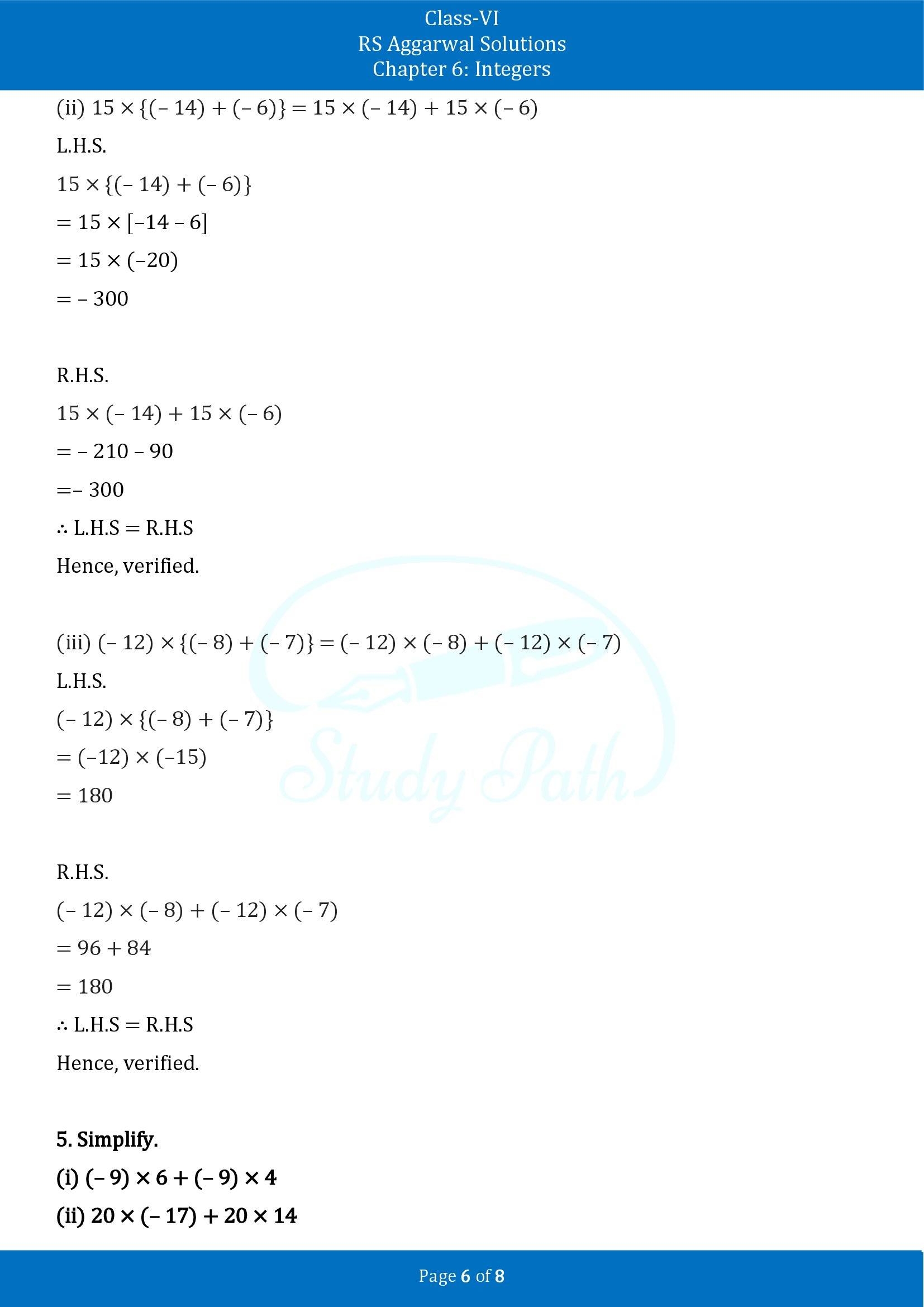 RS Aggarwal Solutions Class 6 Chapter 6 Integers Exercise 6D 00006