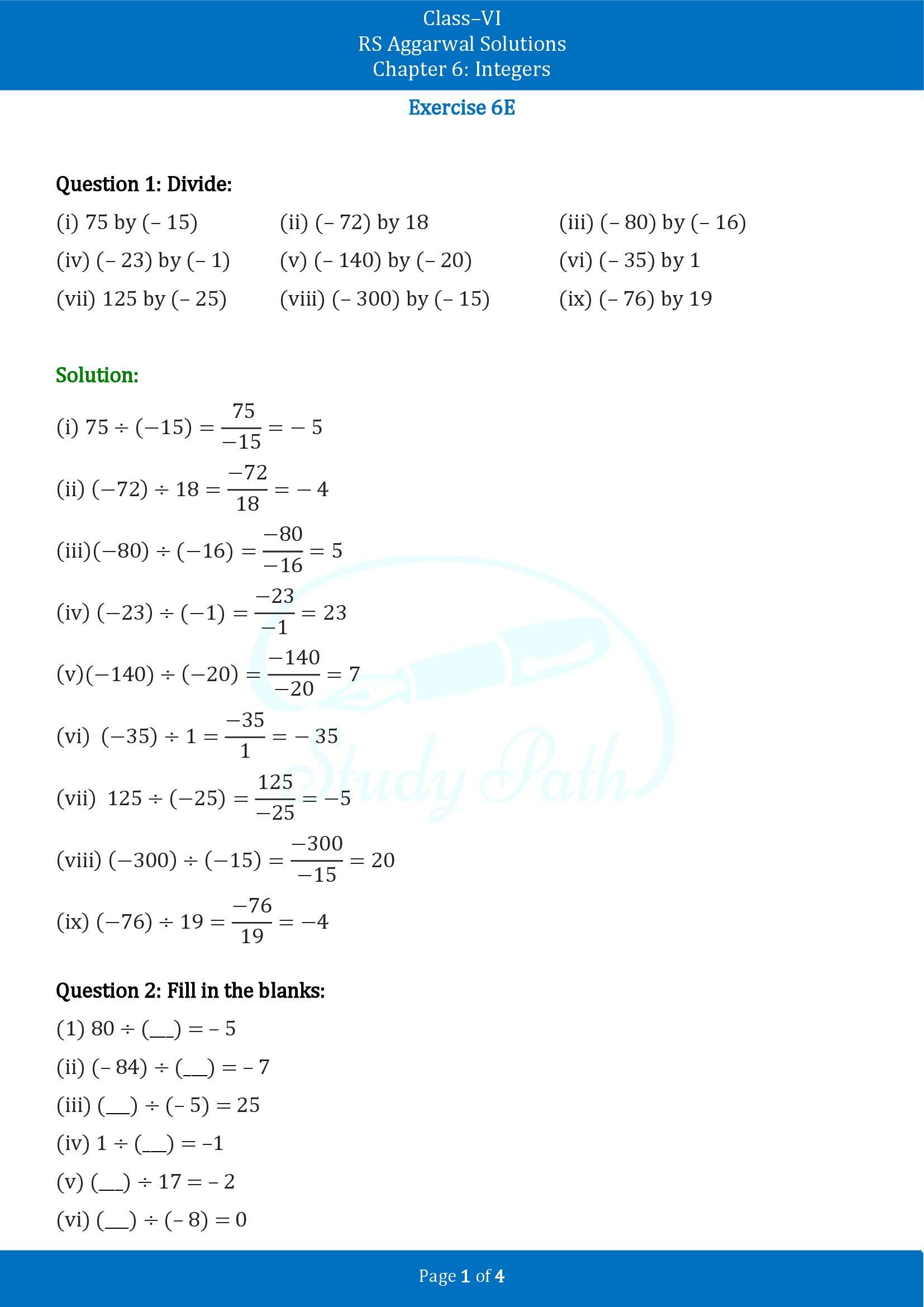 RS Aggarwal Solutions Class 6 Chapter 6 Integers Exercise 6E 00001