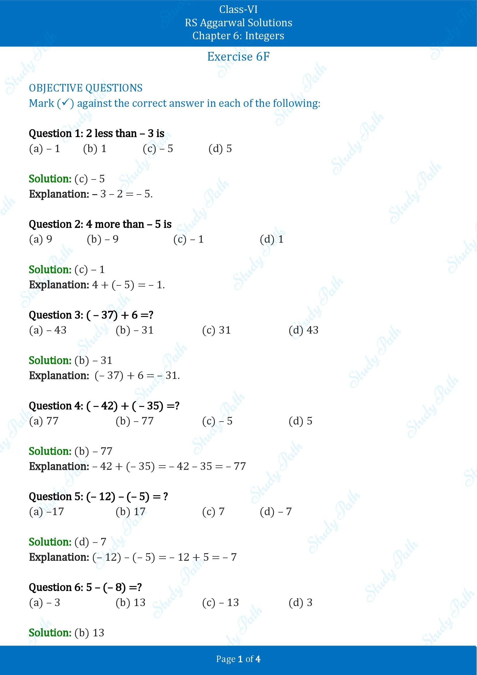 RS Aggarwal Solutions Class 6 Chapter 6 Integers Exercise 6F MCQ 00001