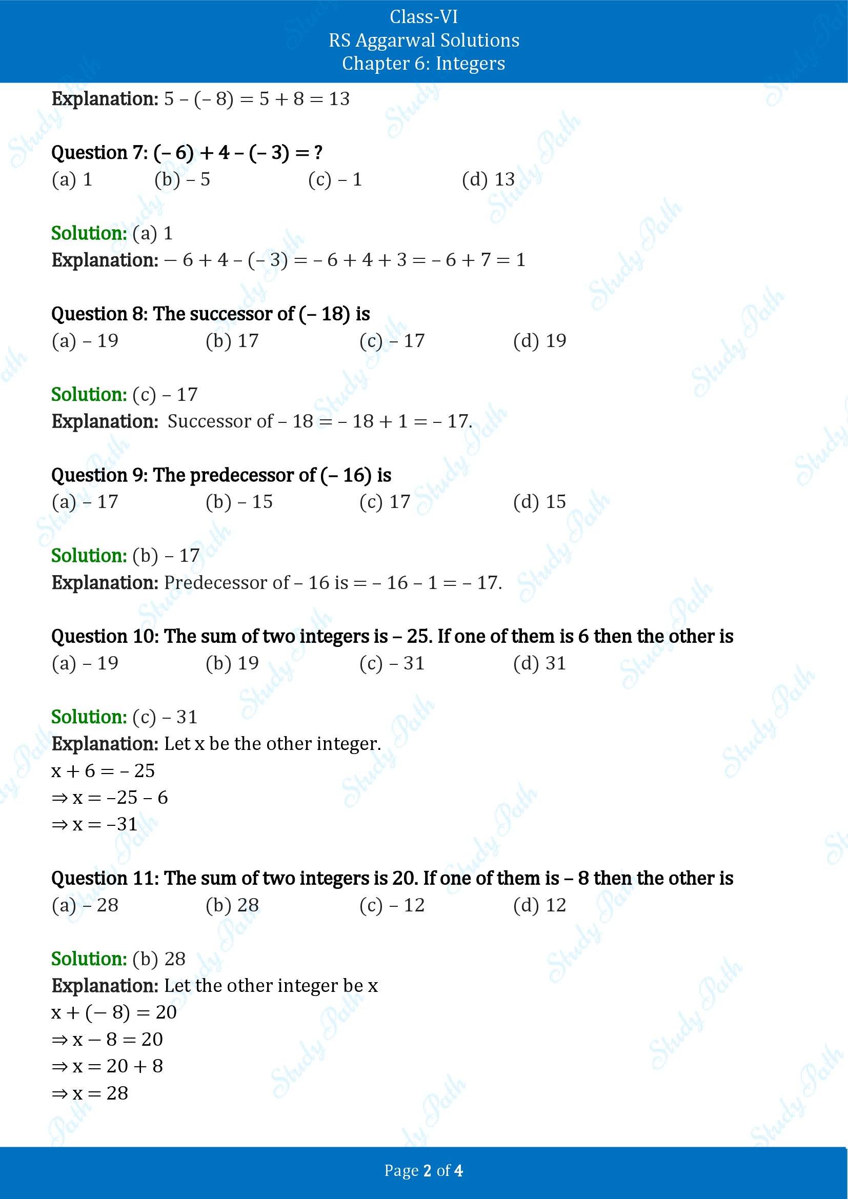 RS Aggarwal Solutions Class 6 Chapter 6 Integers Exercise 6F MCQ 00002