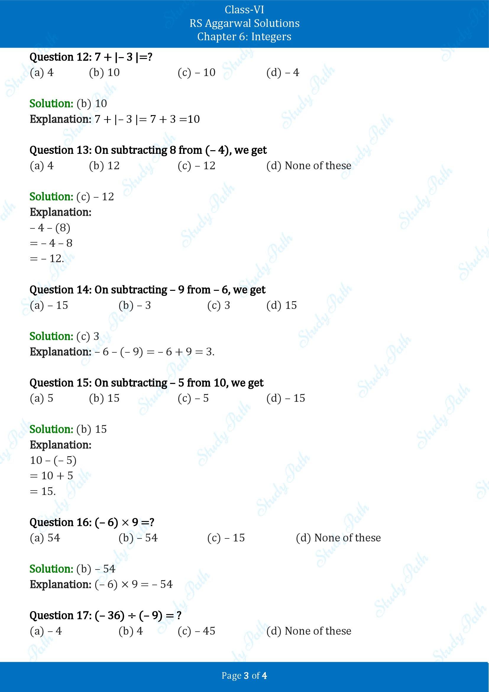 RS Aggarwal Solutions Class 6 Chapter 6 Integers Exercise 6F MCQ 00003