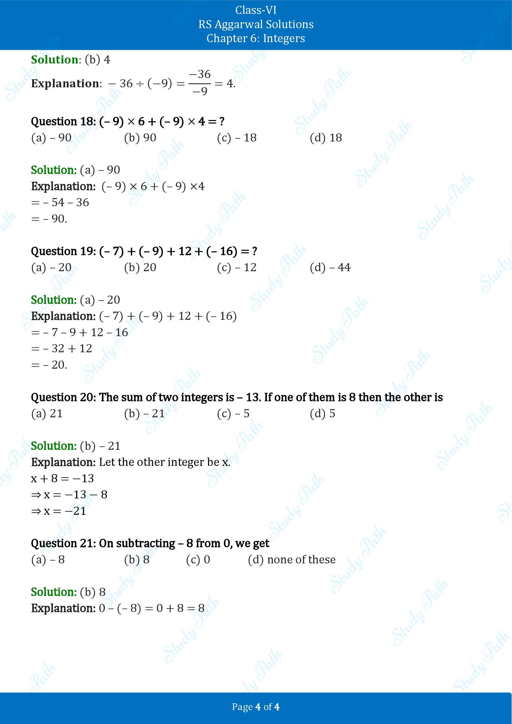 RS Aggarwal Solutions Class 6 Chapter 6 Integers Exercise 6F MCQ 00004