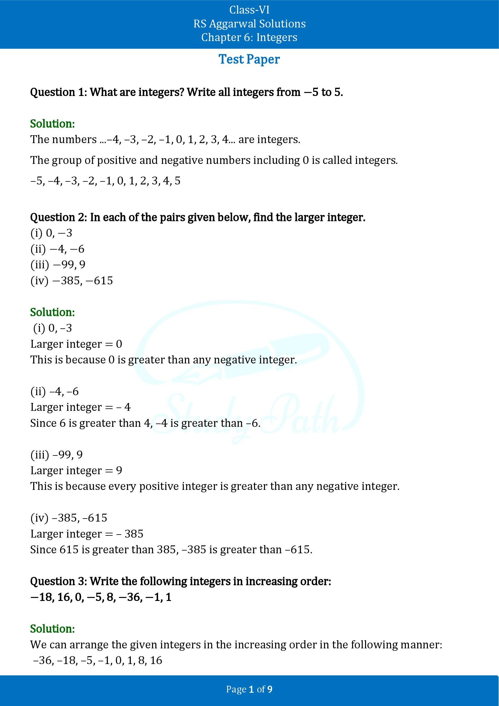 RS Aggarwal Solutions Class 6 Chapter 6 Integers Test Paper 00001