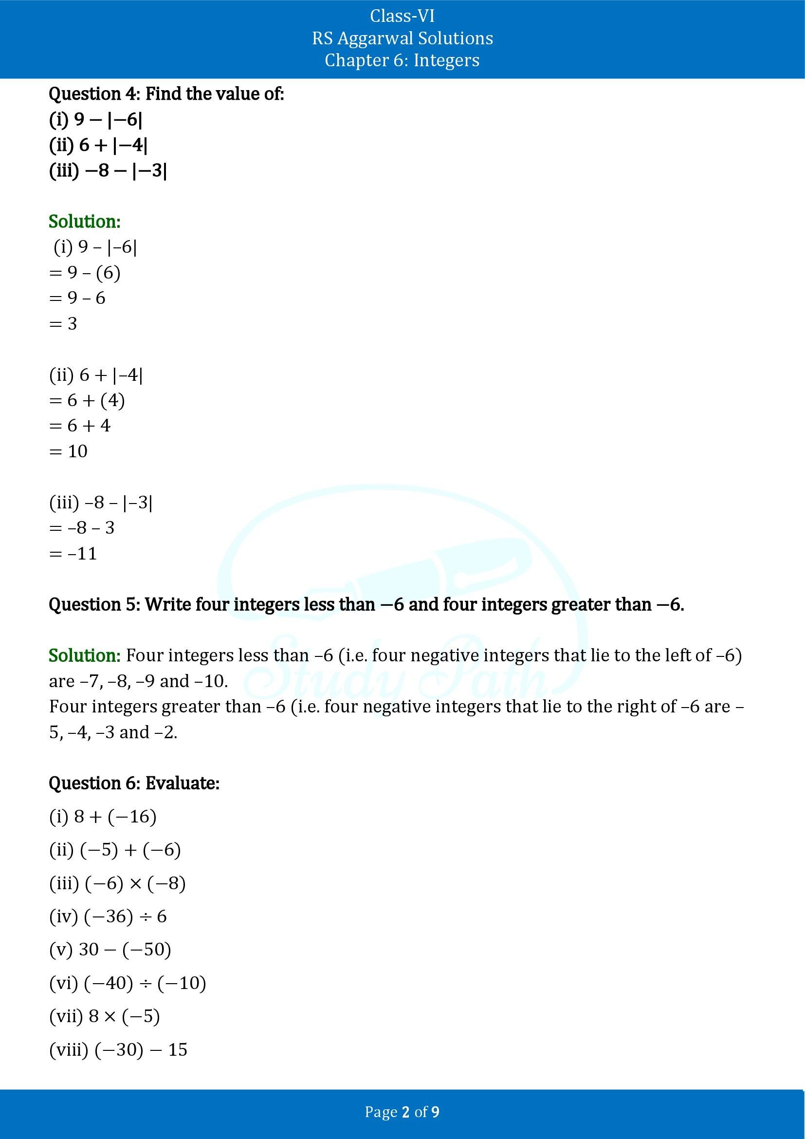 RS Aggarwal Solutions Class 6 Chapter 6 Integers Test Paper 00002