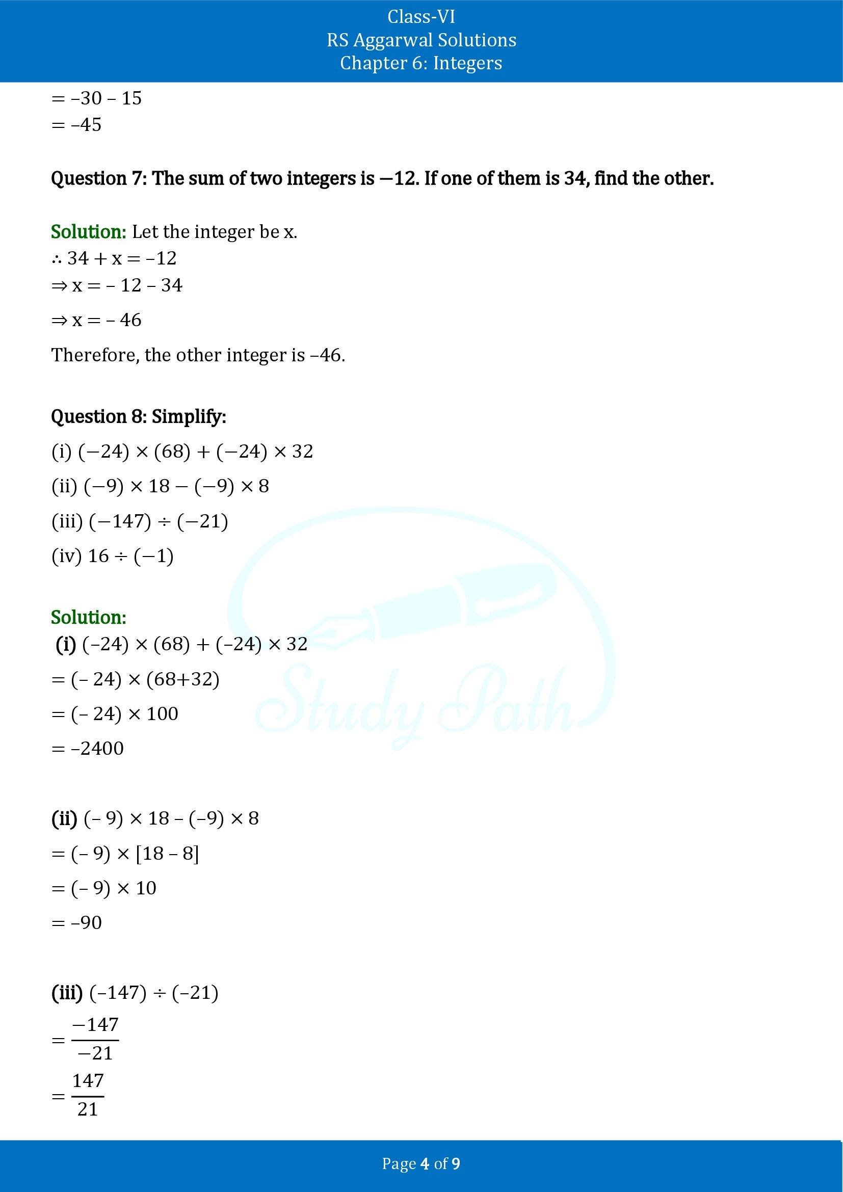 RS Aggarwal Solutions Class 6 Chapter 6 Integers Test Paper 00004