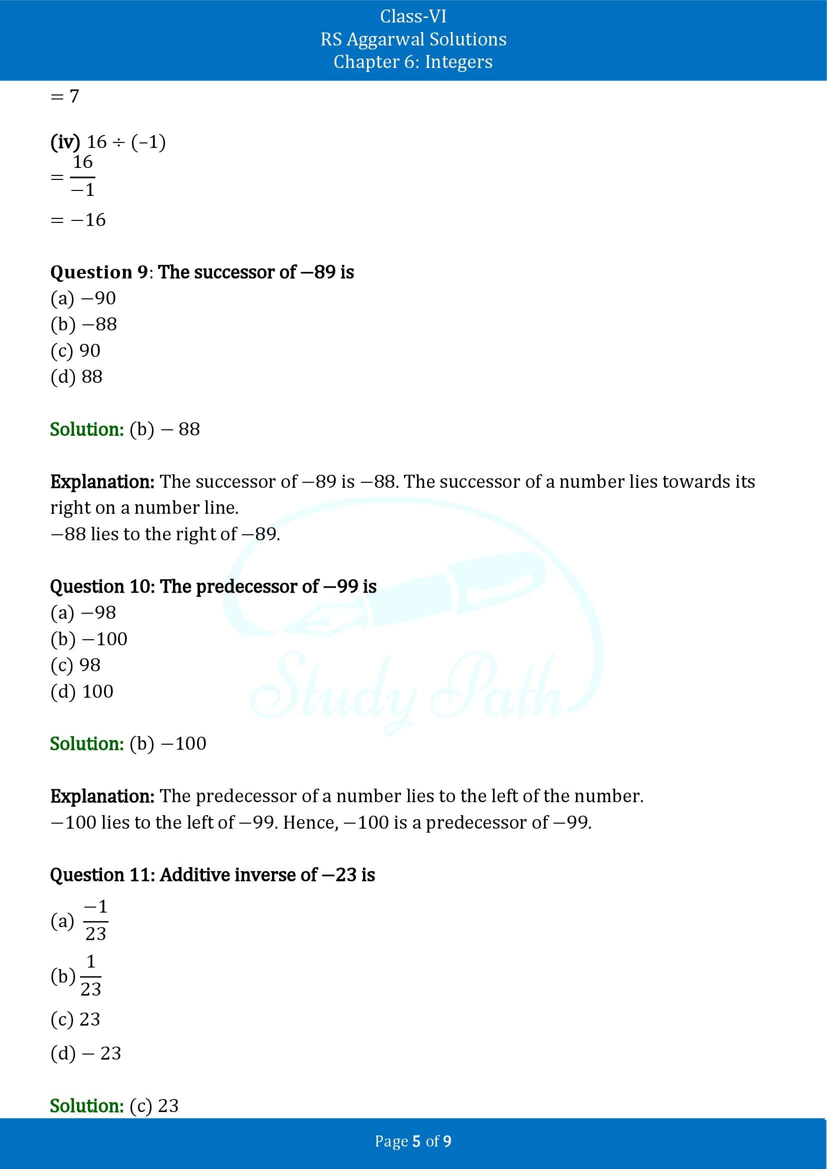 RS Aggarwal Solutions Class 6 Chapter 6 Integers Test Paper 00005