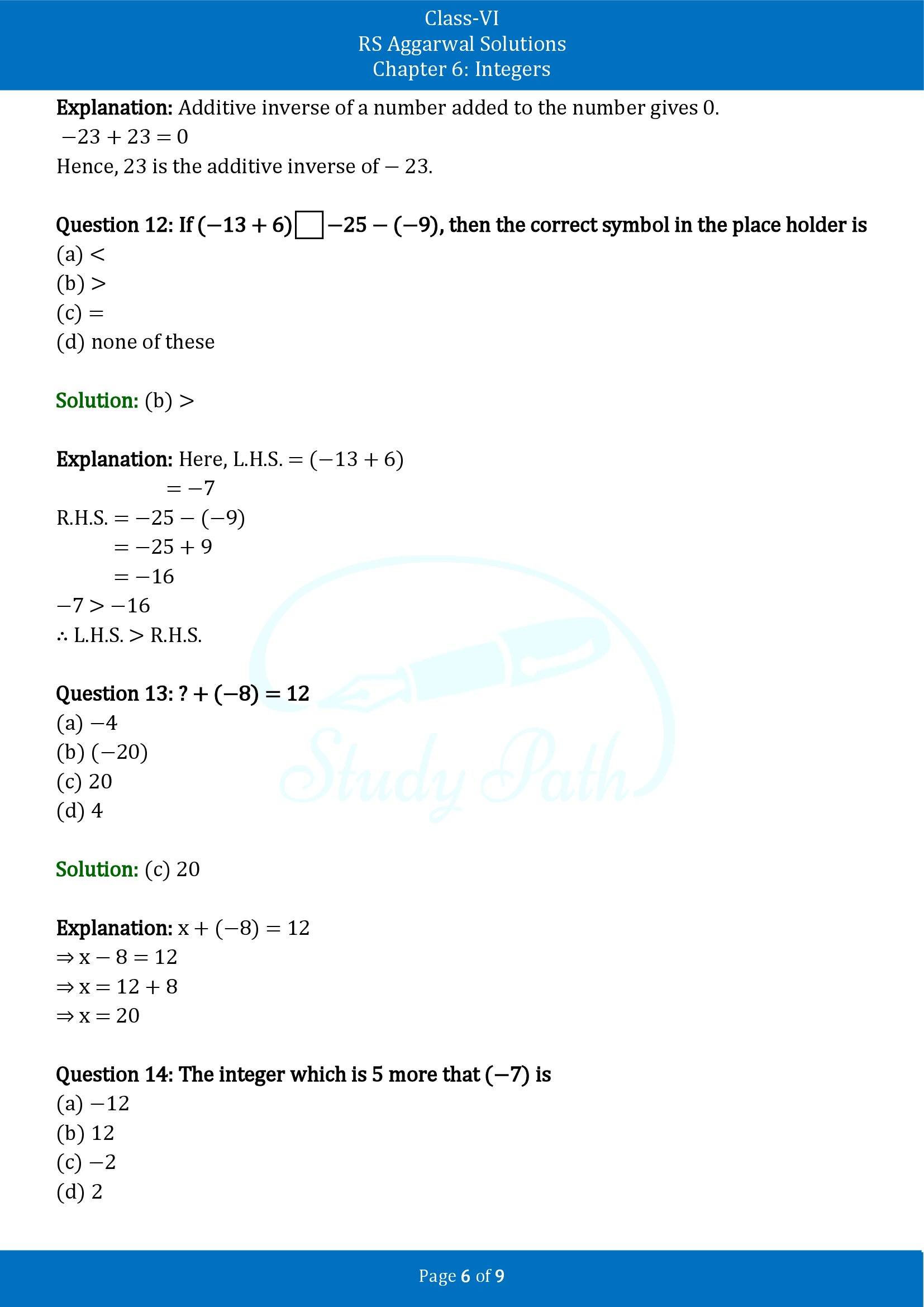 RS Aggarwal Solutions Class 6 Chapter 6 Integers Test Paper 00006