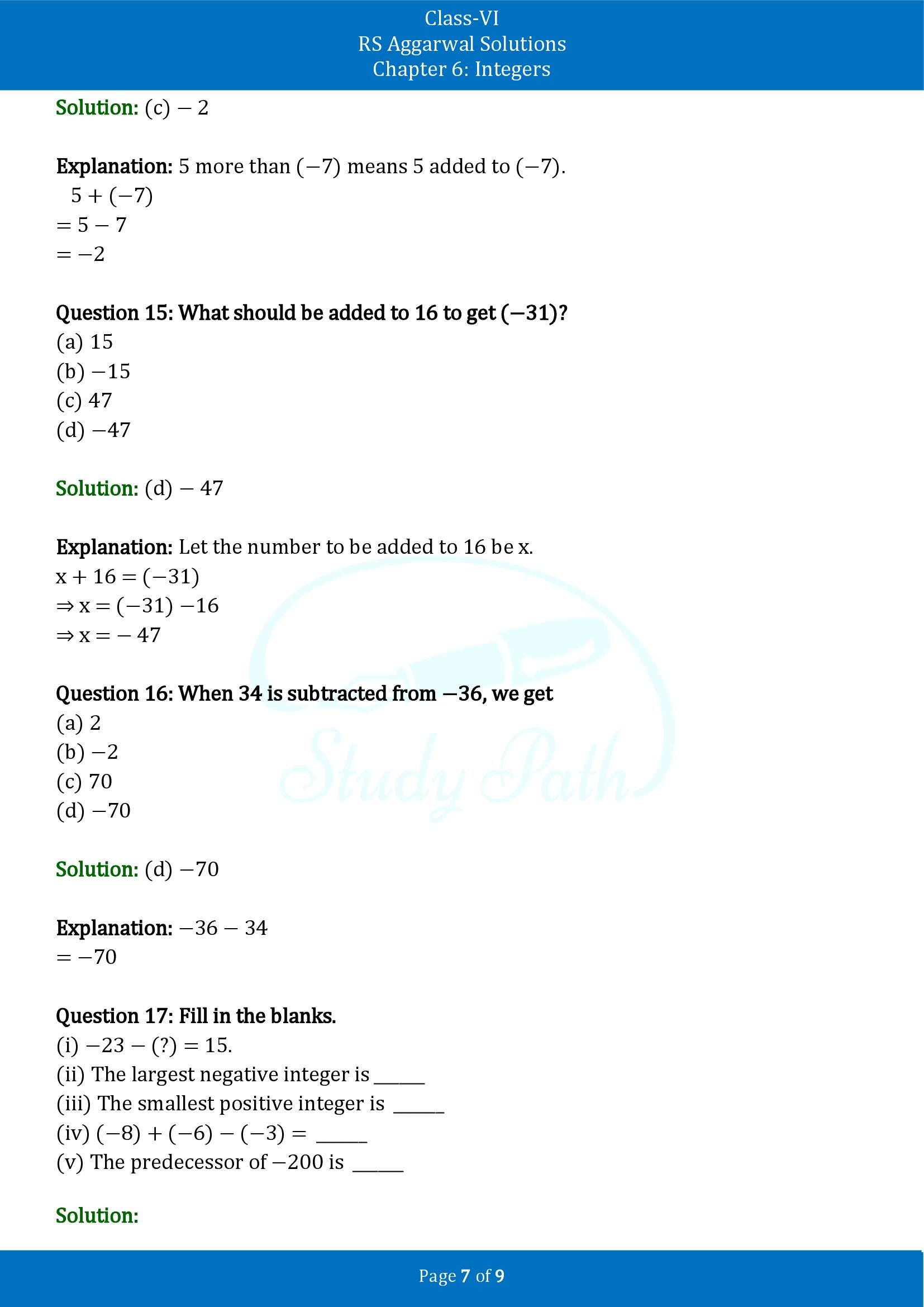 RS Aggarwal Solutions Class 6 Chapter 6 Integers Test Paper 00007