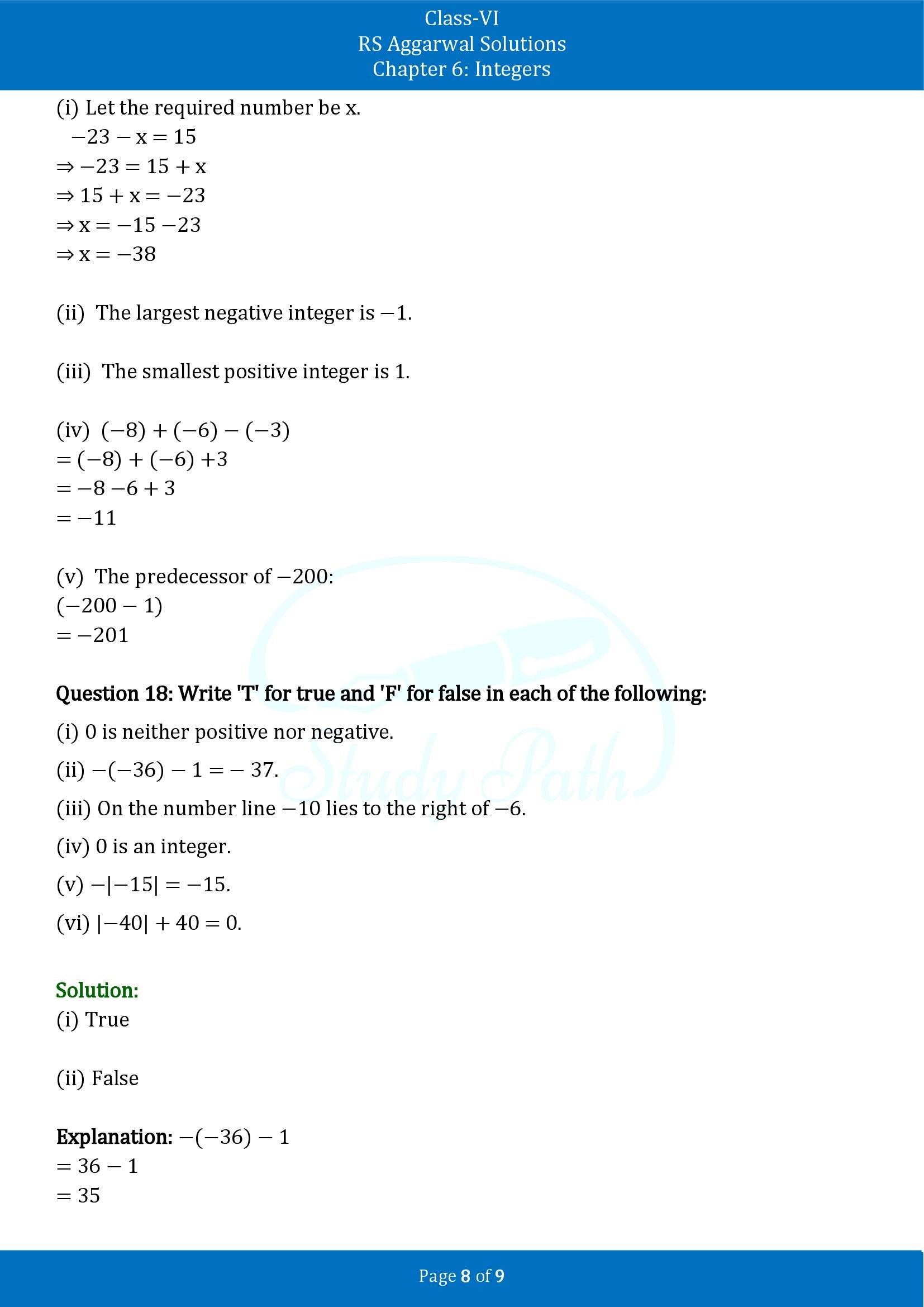RS Aggarwal Solutions Class 6 Chapter 6 Integers Test Paper 00008