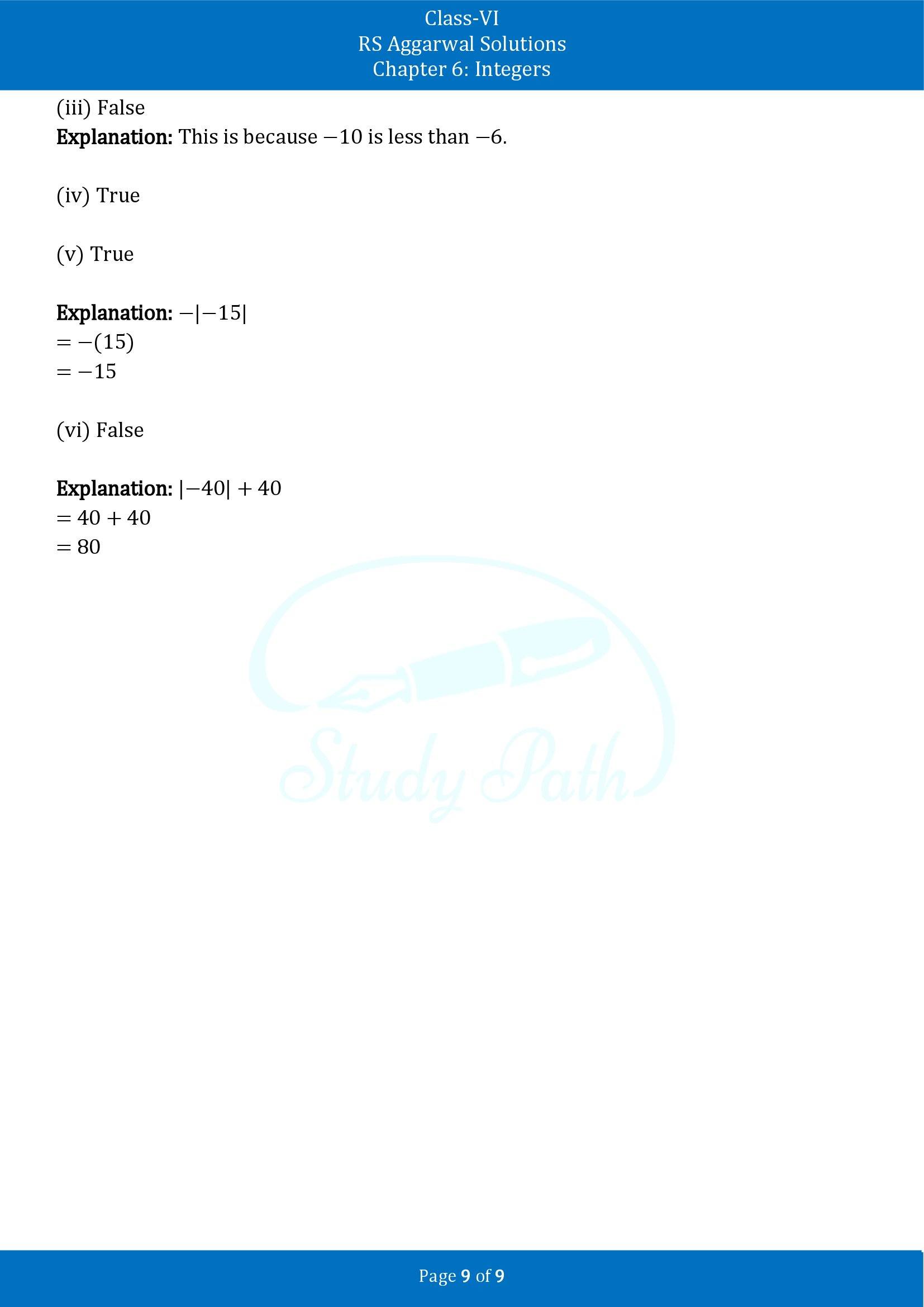 RS Aggarwal Solutions Class 6 Chapter 6 Integers Test Paper 00009